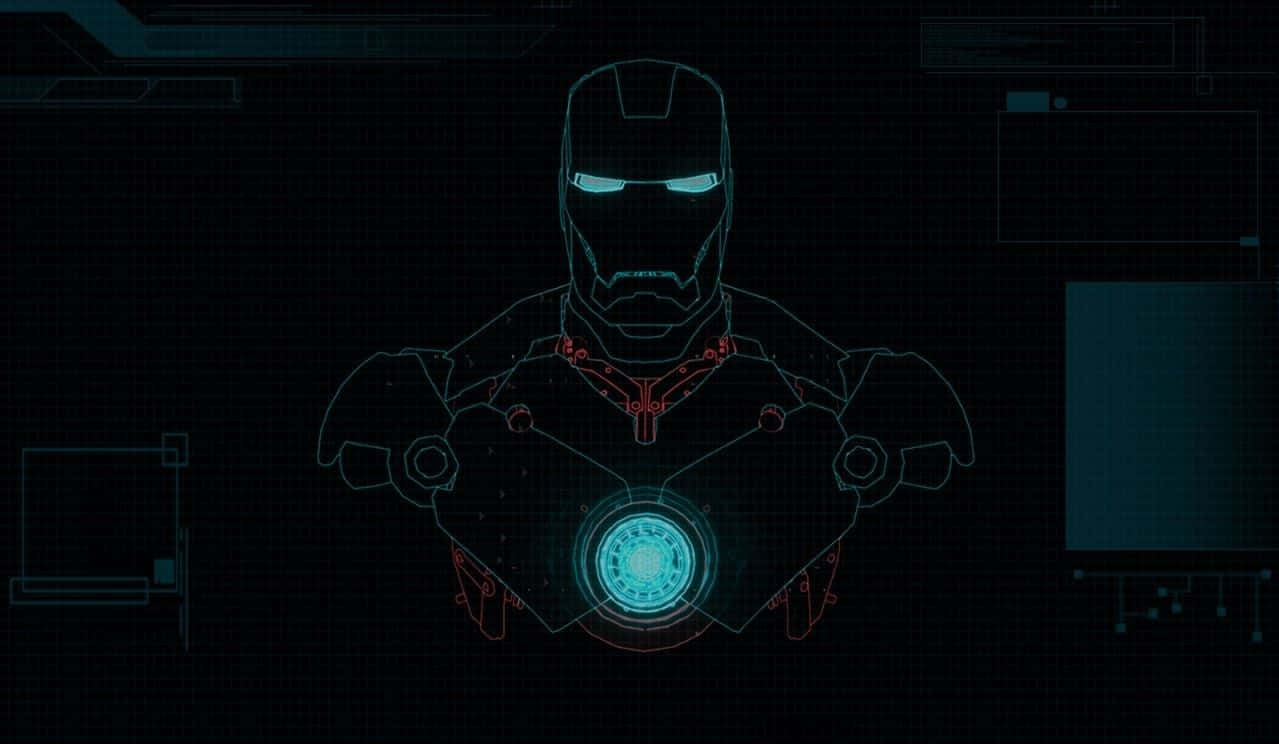 Iron Man Technology 桌布 壁紙 — 鐵甲奇俠發光的藍色和紅色裝甲軀幹在黑暗的數碼網格界面上勾勒出來。