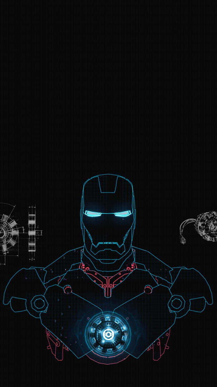 Iron Man Technology 桌布 壁紙 — 鐵甲奇俠發光的藍色和紅色裝甲軀幹，在黑暗網格背景上以霓虹燈勾勒出輪廓，並帶有示意設計。