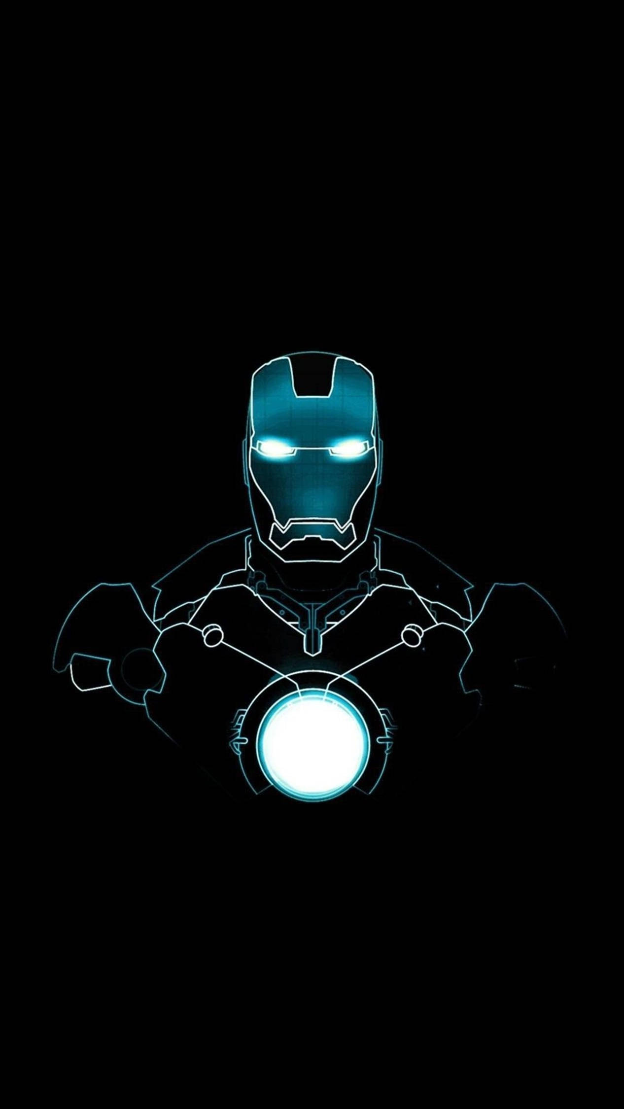 Iron Man Full HD 桌布 壁紙 — 鐵甲奇俠發光的藍色頭盔和胸部弧形反應器在純黑色背景下脫穎而出。