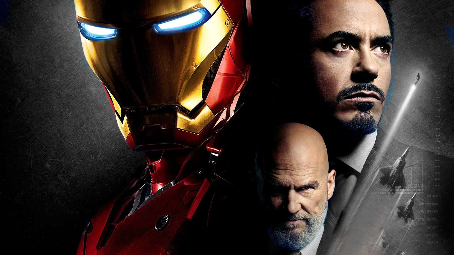 Superhero Movies 桌布 壁紙 — 鐵甲奇俠發光的頭盔在黑暗場景中佔據主導地位，旁邊是東尼史達和一個嚴肅的光頭男子，背景有戰鬥機。