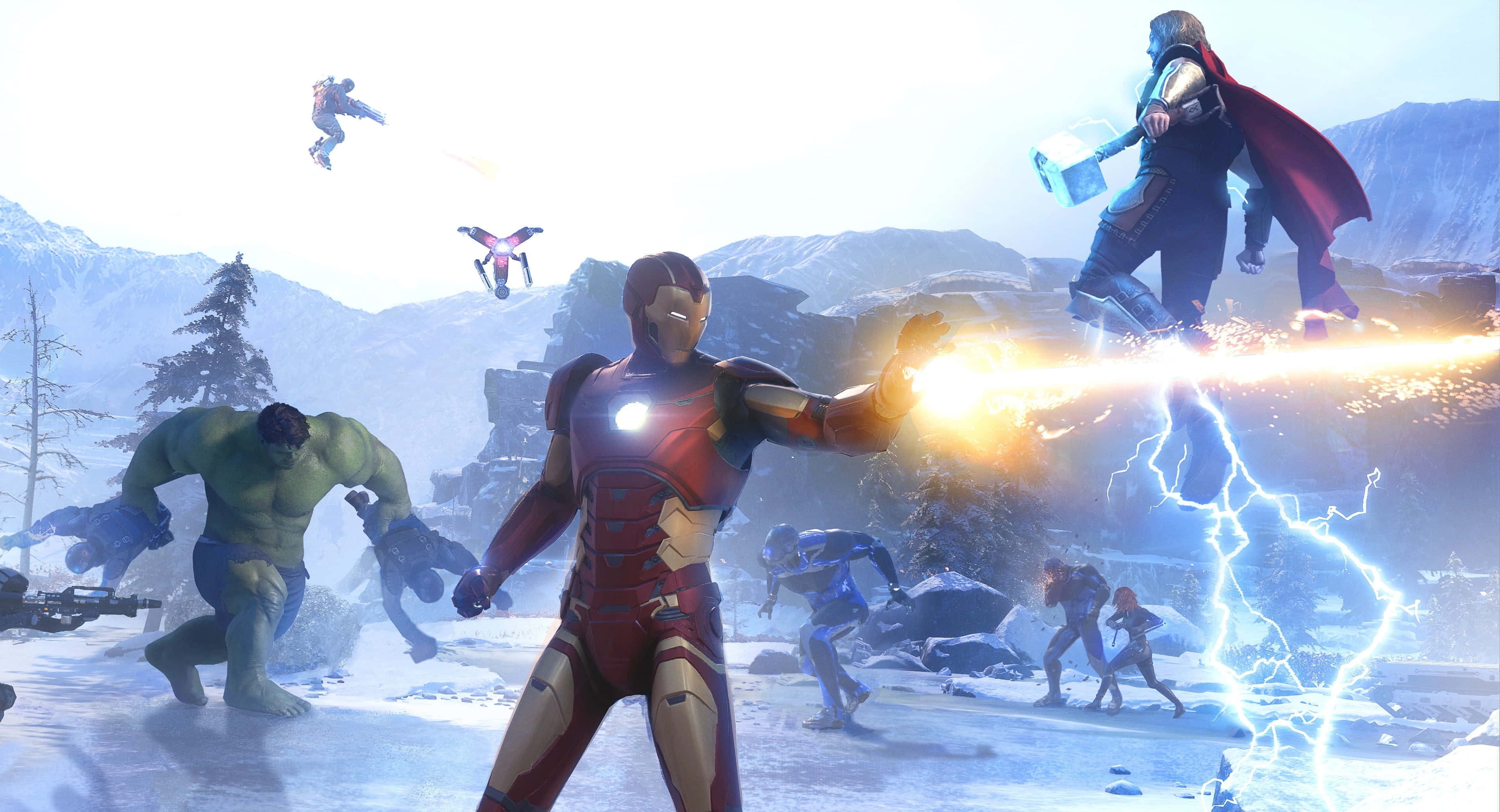 Superhero Video Games 桌布 壁紙 — 鐵甲奇俠發射斥力炮，而雷神揮動雷神之鎚，在雪山戰鬥中與變形俠醫及其他英雄並肩作戰。