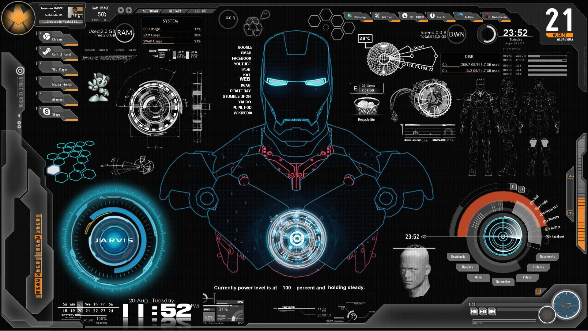 Iron Man Technology 桌布 壁紙 — 鐵甲奇俠的全息界面在深色數碼儀表板上顯示發光藍色示意圖和系統統計數據。
