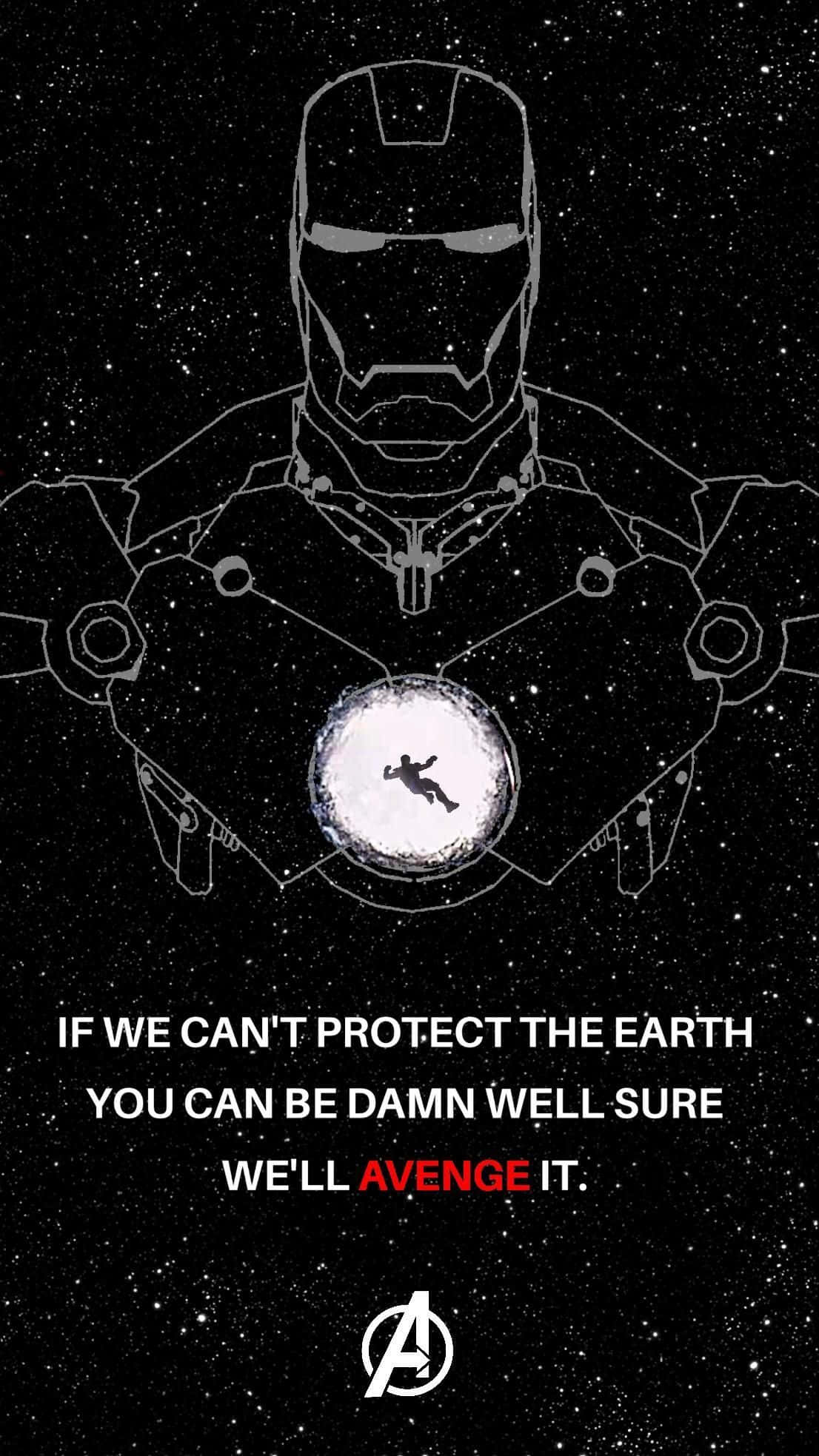 Iron Man Quotes 桌布 壁紙 — 鐵甲奇俠的剪影，背景是星空，發光的弧形反應堆顯示一個墜落的人物，下方有粗體文字。