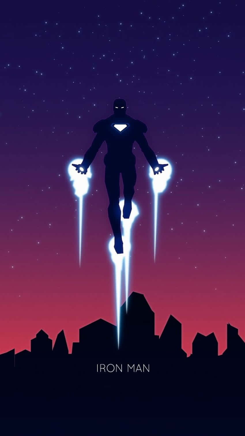 Iron Man Fan Art 桌布 壁紙 — 鐵甲奇俠的剪影在繁星點點的暮色天空中，於城市天際線上方盤旋，並發出發光的斥力炮。