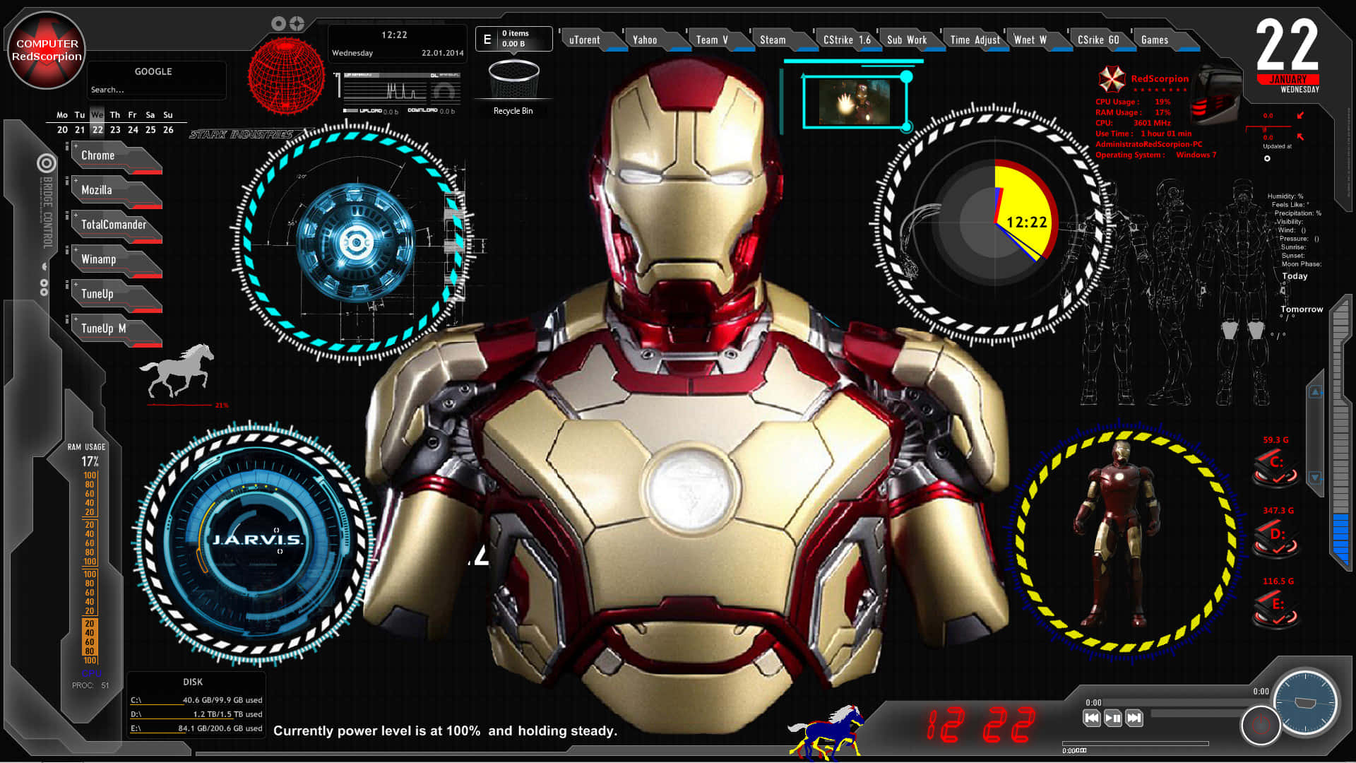 Iron Man Technology 桌布 壁紙 — 鐵甲奇俠的金色裝甲在充滿發光藍色和紅色數據讀數及系統統計數據的高科技HUD前閃耀。