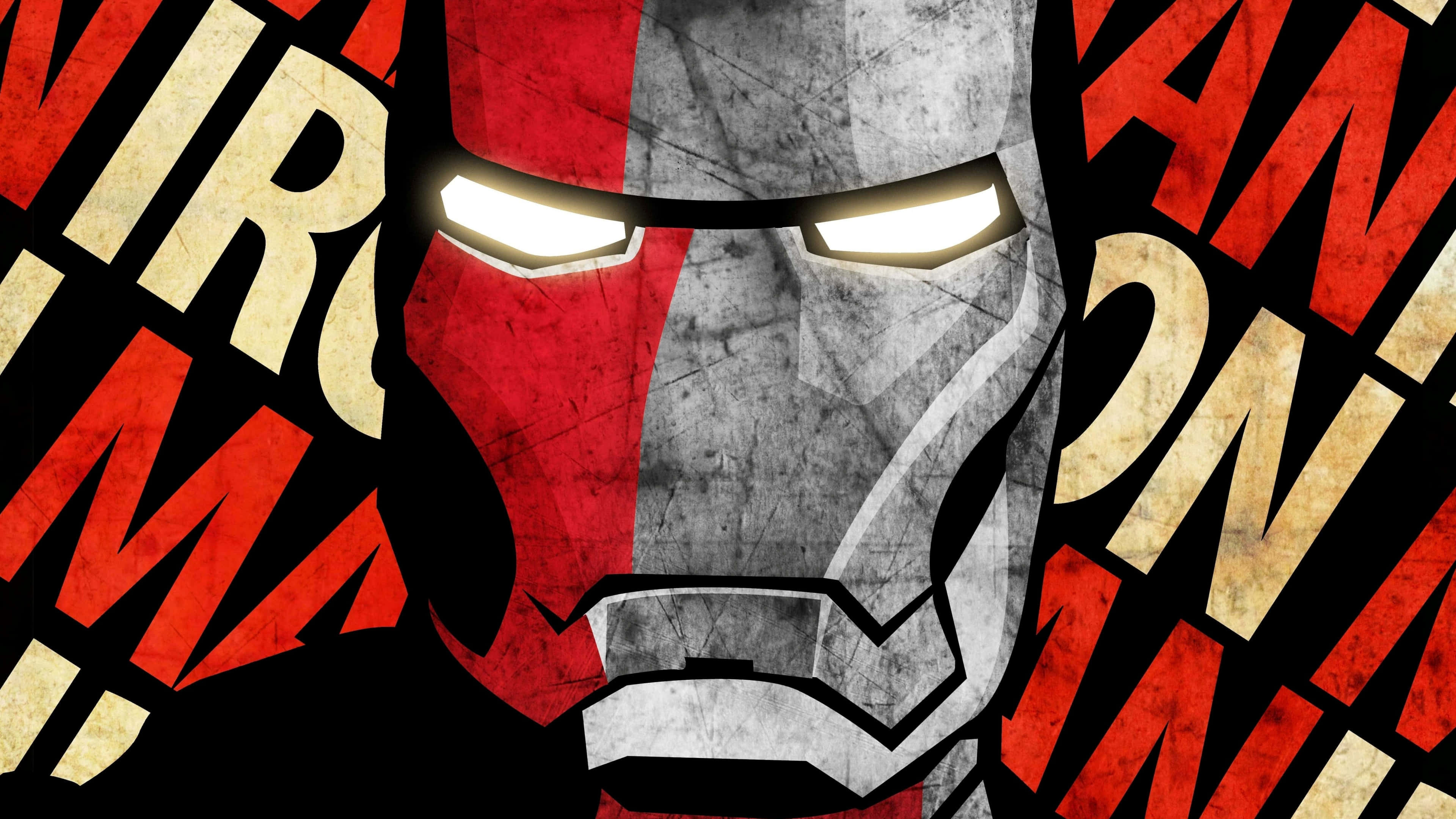 4K Marvel 壁紙 桌布 壁紙 — 鐵甲奇俠的頭盔在鮮明的紅色和金色文字背景上散發著強烈的光芒。