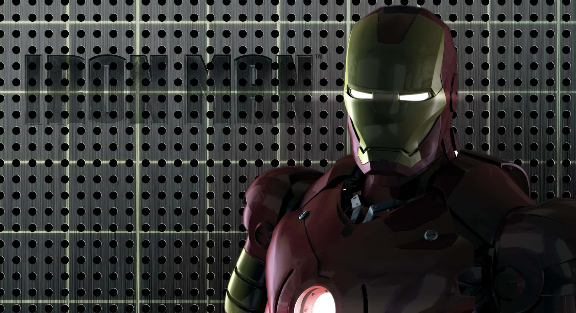 Iron Man Fan Art 桌布 壁紙 — 鐵甲奇俠站在光線昏暗的工業環境中，眼睛和胸部弧形反應器發光。