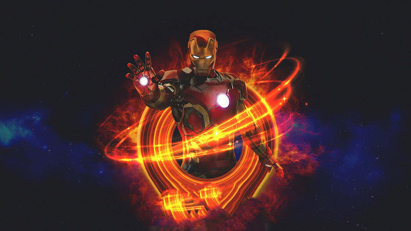1366x768 marvel 桌布 壁紙 — 鐵甲奇俠站在太空中，被旋轉的橙色能量和宇宙星雲包圍，並發出發光的斥力炮。