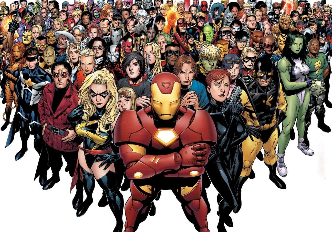 Iron Man Villains 桌布 壁紙 — 鐵甲奇俠站在最前中央，被大量各式各樣的漫畫超級英雄和反派包圍。