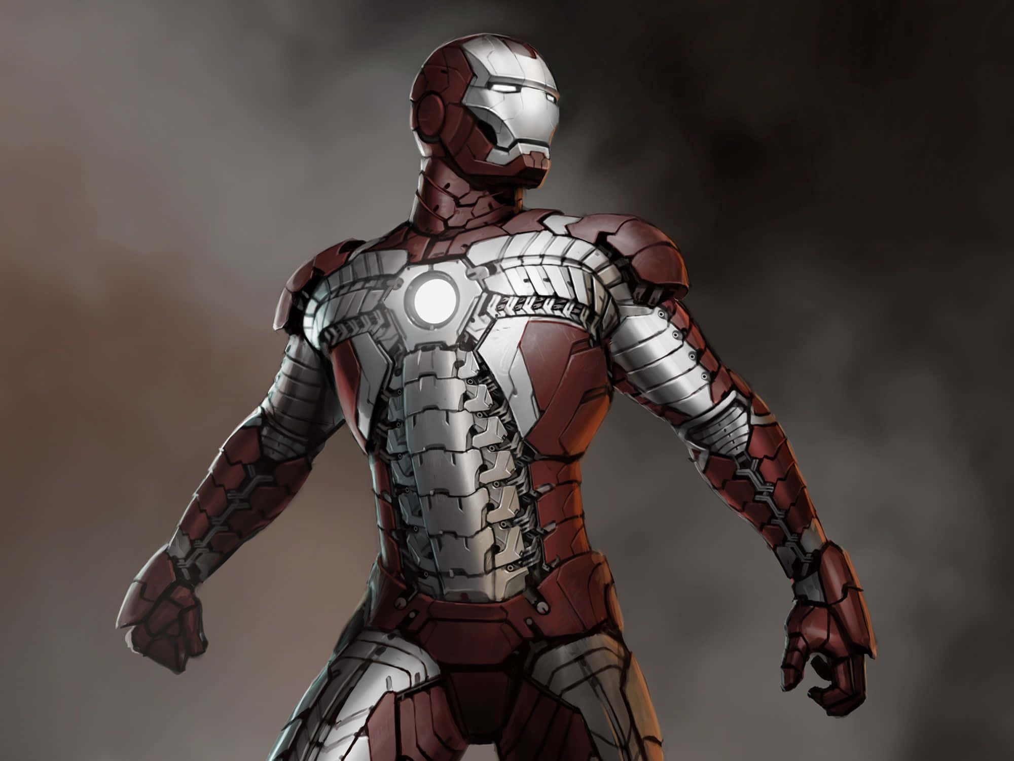 Iron Man Suit 桌布 壁紙 — 鐵甲奇俠站在煙霧瀰漫中，身穿標誌性的紅色和銀色裝甲服，發光的弧形反應器。