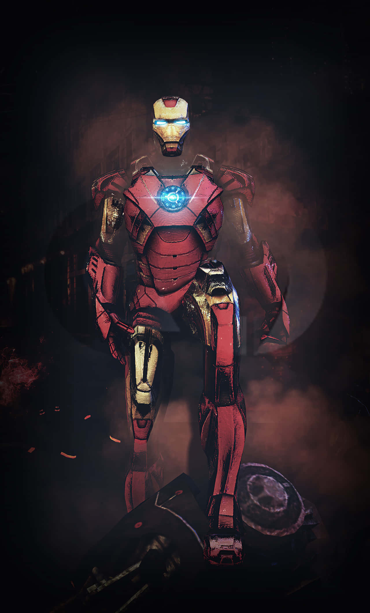 Iron Man Fan Art 桌布 壁紙 — 鐵甲奇俠站在煙霧瀰漫的黑暗環境中，擁有發光的藍色眼睛和胸部弧形反應器。
