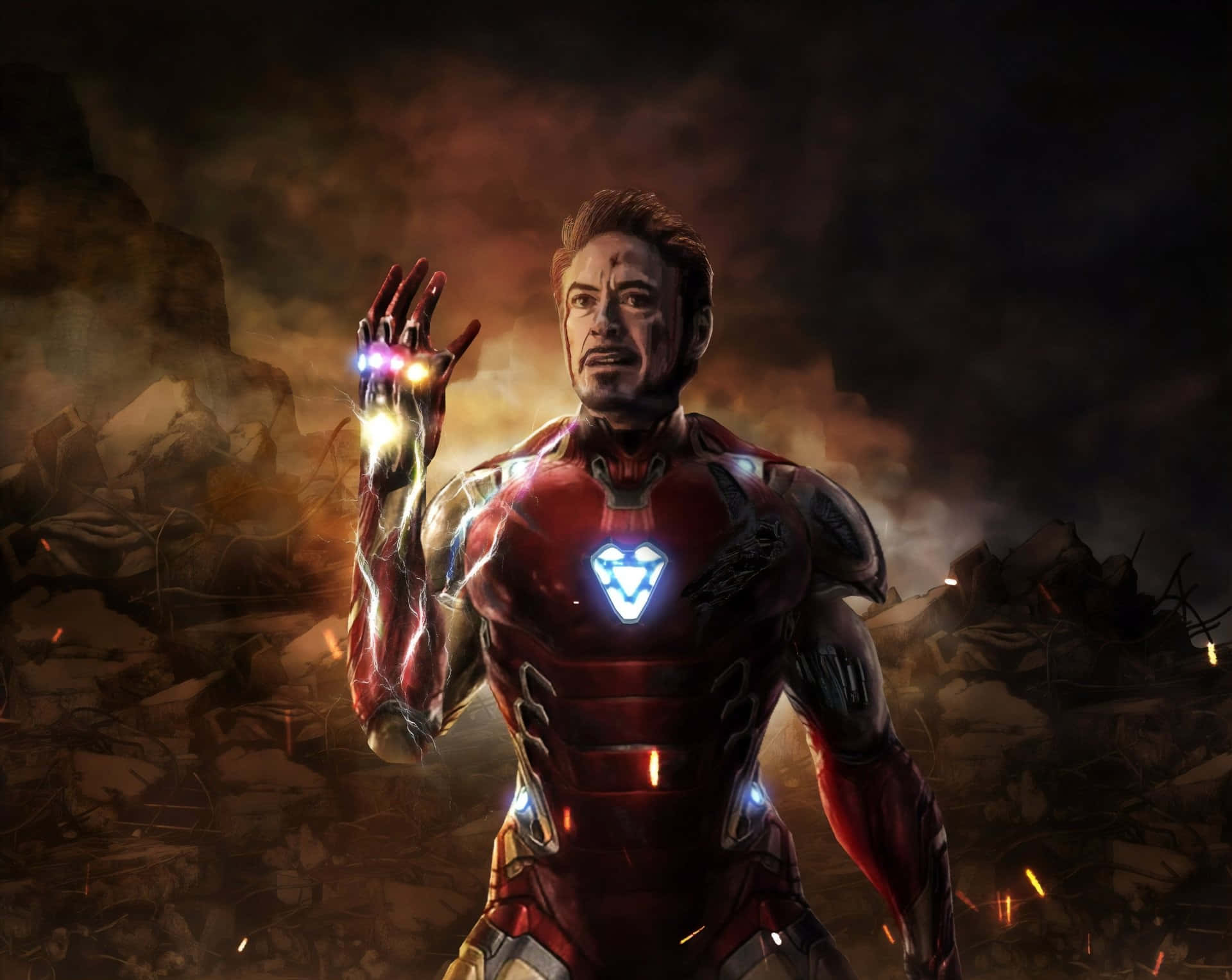 Iron Man Fan Art 桌布 壁紙 — 鐵甲奇俠站在瓦礫中，手持發光手套，胸口裝有弧形反應器，熾熱的火星在煙霧瀰漫的黑暗中飄浮。