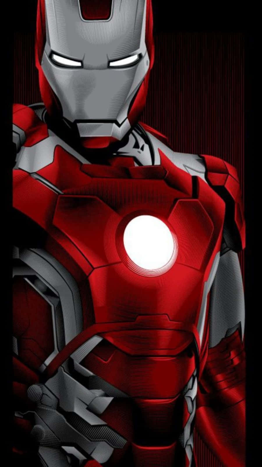 Vibranium Suit 桌布 壁紙 — 鐵甲奇俠紅色和銀色裝甲戰衣的特寫，帶有發光的弧形反應器和眼睛，背景為深色。