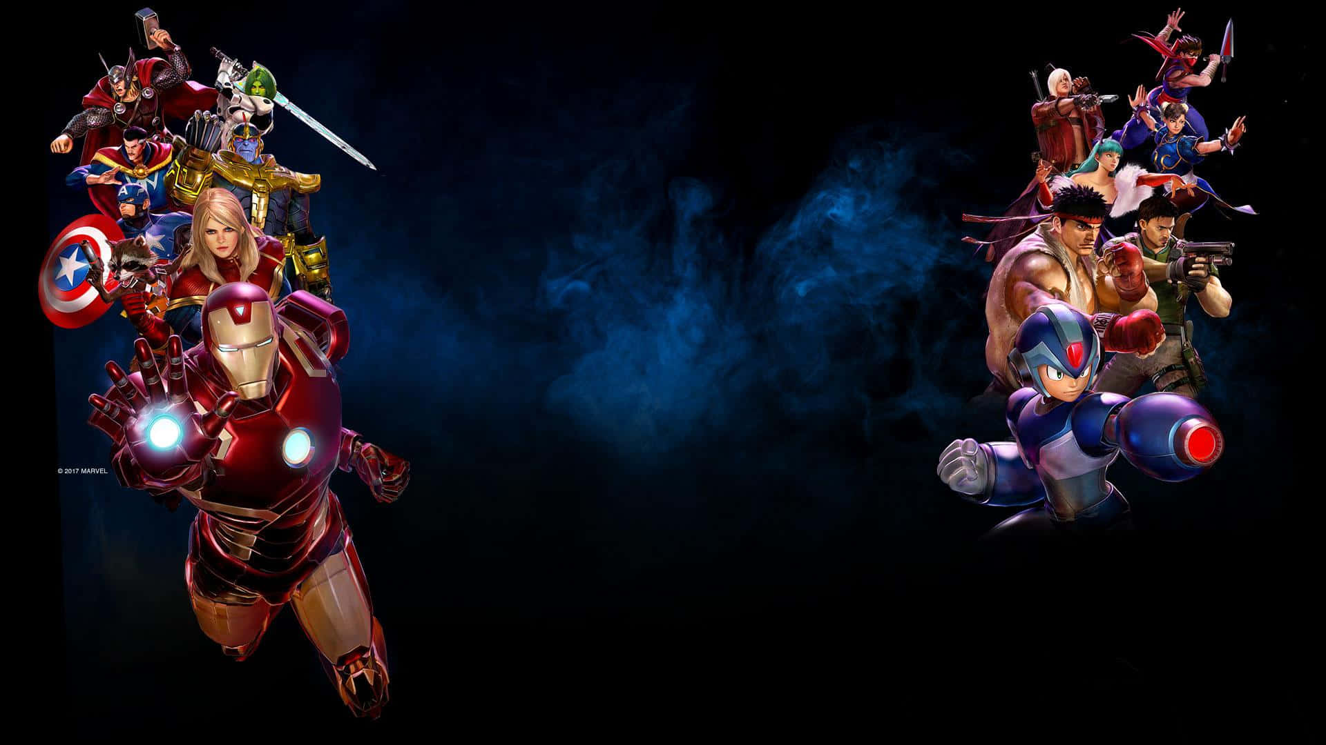 Marvel Vs Capcom Characters 桌布 壁紙 — 鐵甲奇俠與Marvel英雄在煙霧瀰漫的深藍色背景下與Mega Man和Capcom戰士交鋒。