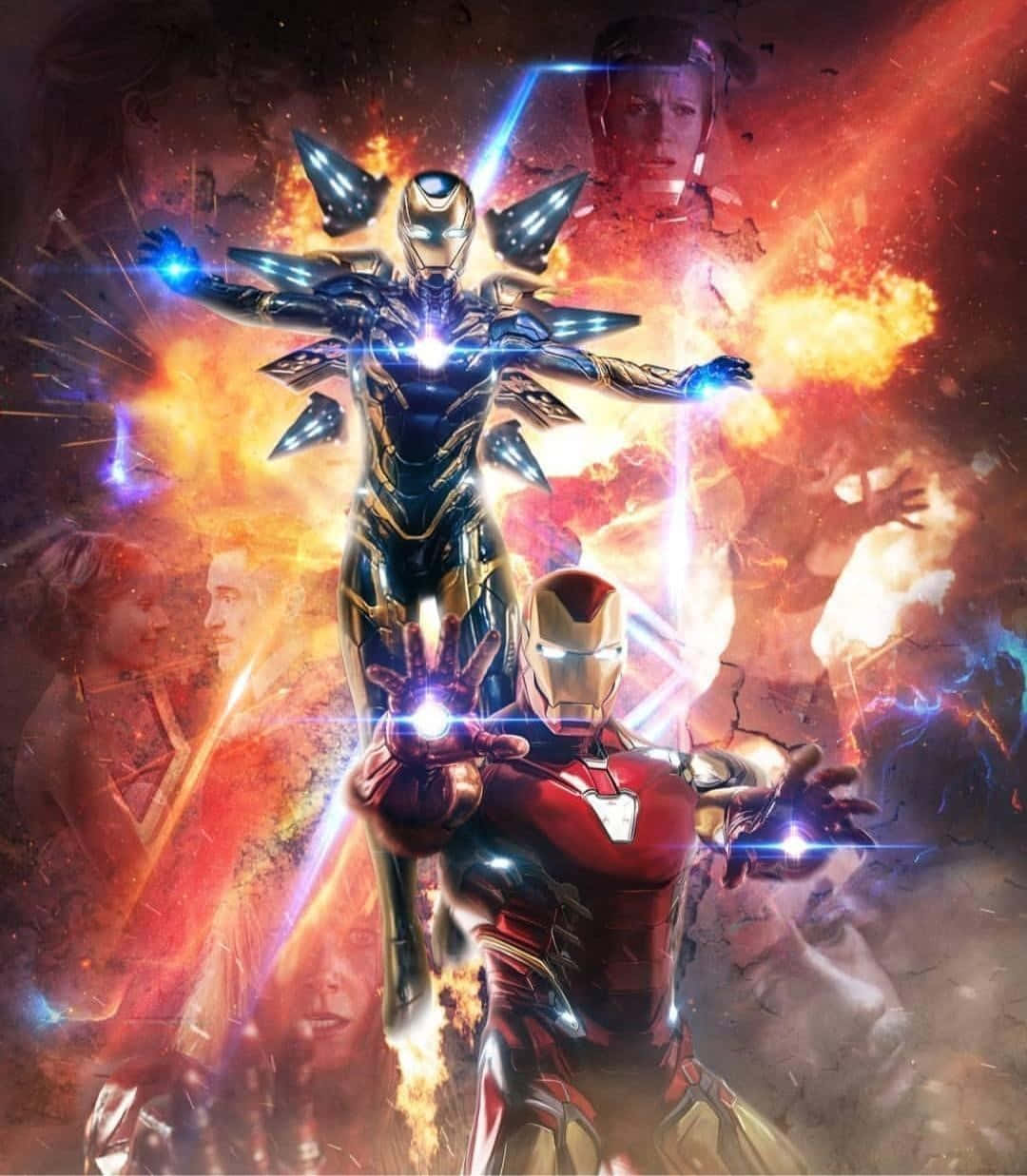 Pepper Potts 桌布 壁紙 — 鐵甲奇俠與戰爭機器在戲劇性的電影場景中，英勇地站立在熾熱爆炸與發光能量光束之間。