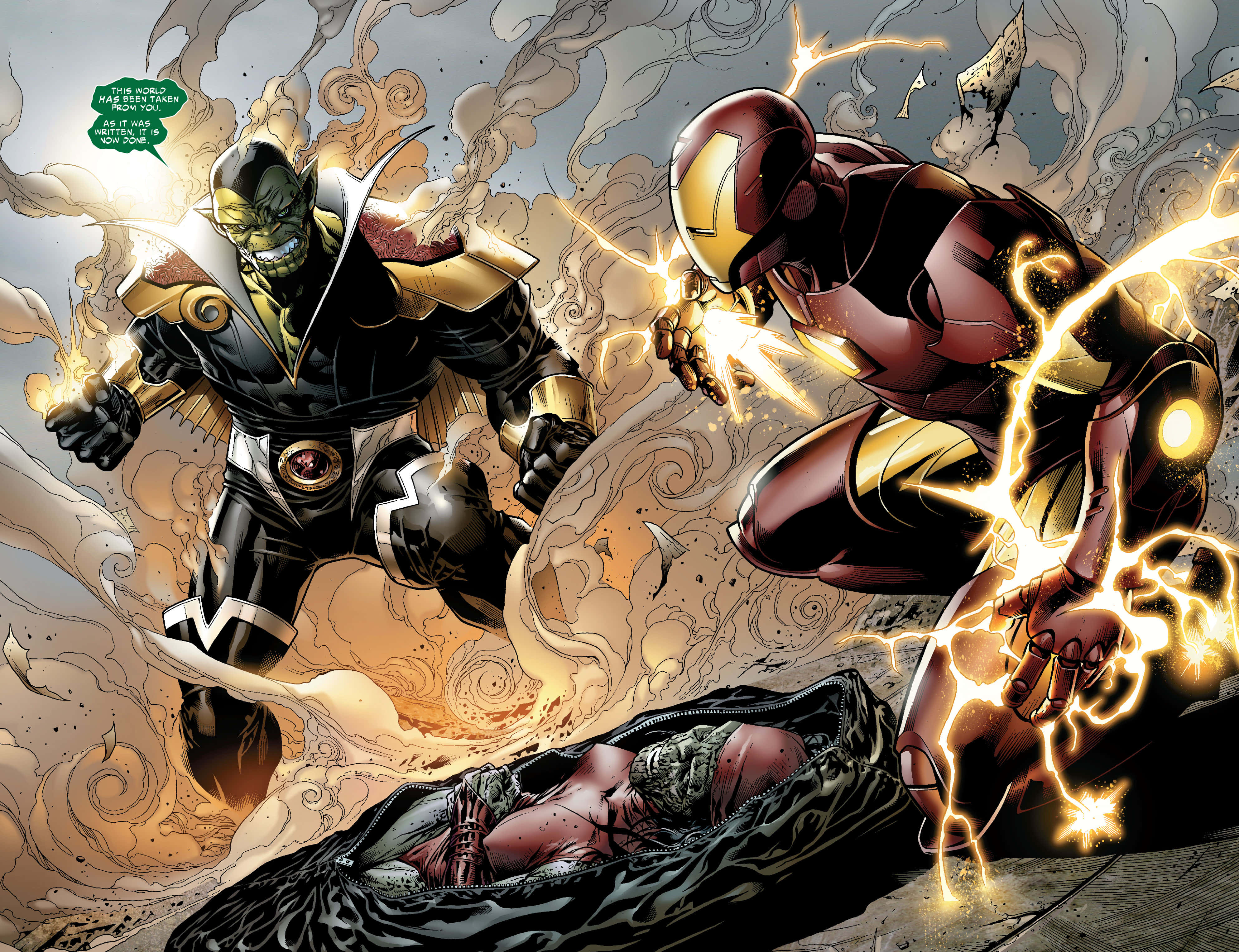 Skrulls 桌布 壁紙 — 鐵甲奇俠與薩諾斯在煙霧和碎片中激烈交戰，下方有一個被打敗的人物。