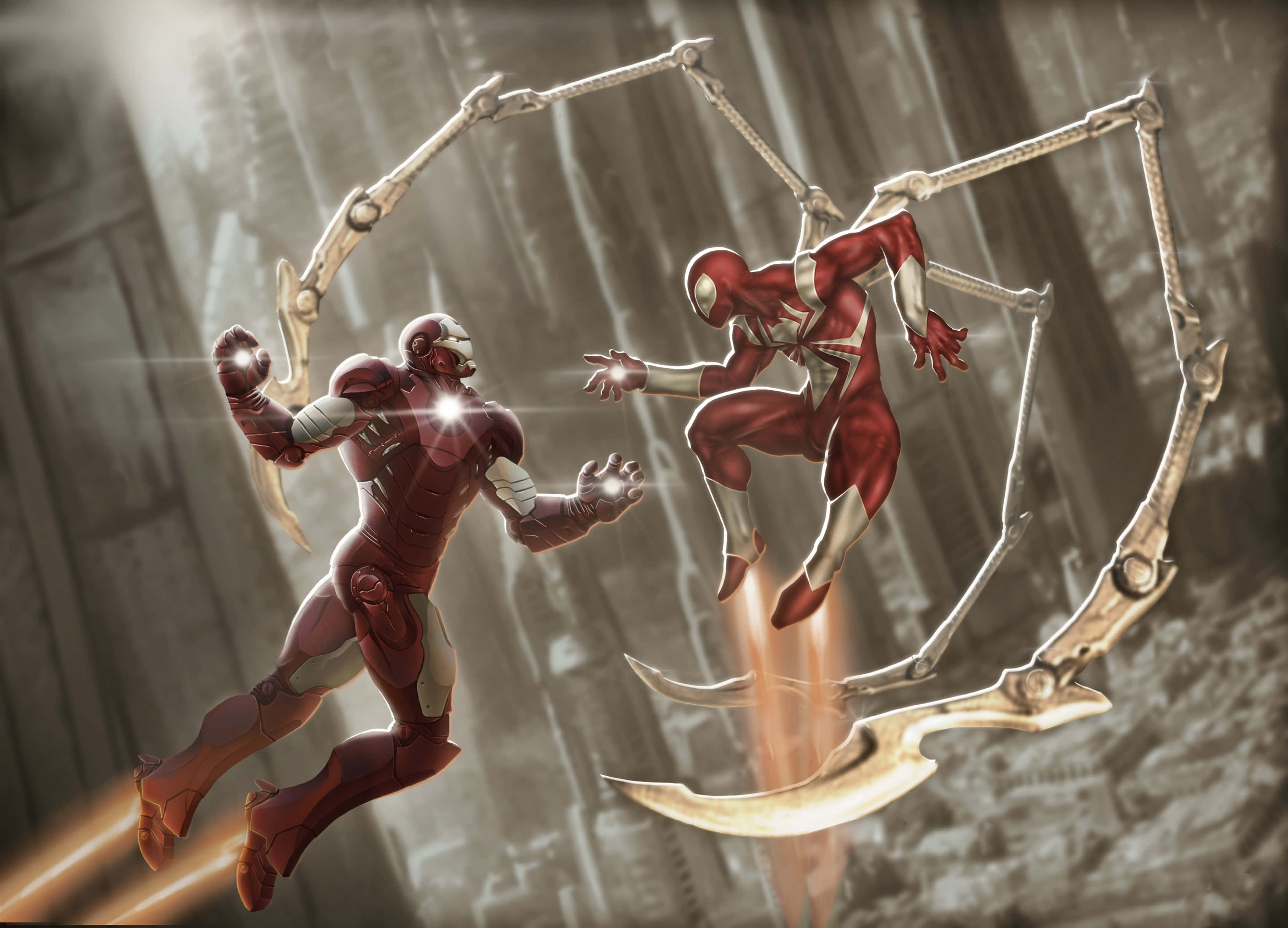 Iron Man Fan Art 桌布 壁紙 — 鐵甲奇俠與蜘蛛俠在半空中激烈碰撞，展開一場充滿機械臂和發光能量效果的動態戰鬥。