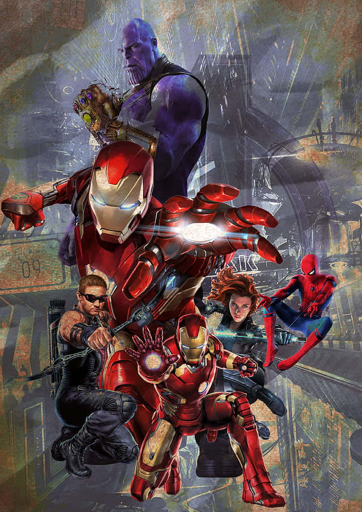 Iron Man Fan Art 桌布 壁紙 — 鐵甲奇俠與蜘蛛俠在破碎的城市景觀中與薩諾斯戰鬥，黑寡婦和鷹眼準備就緒。