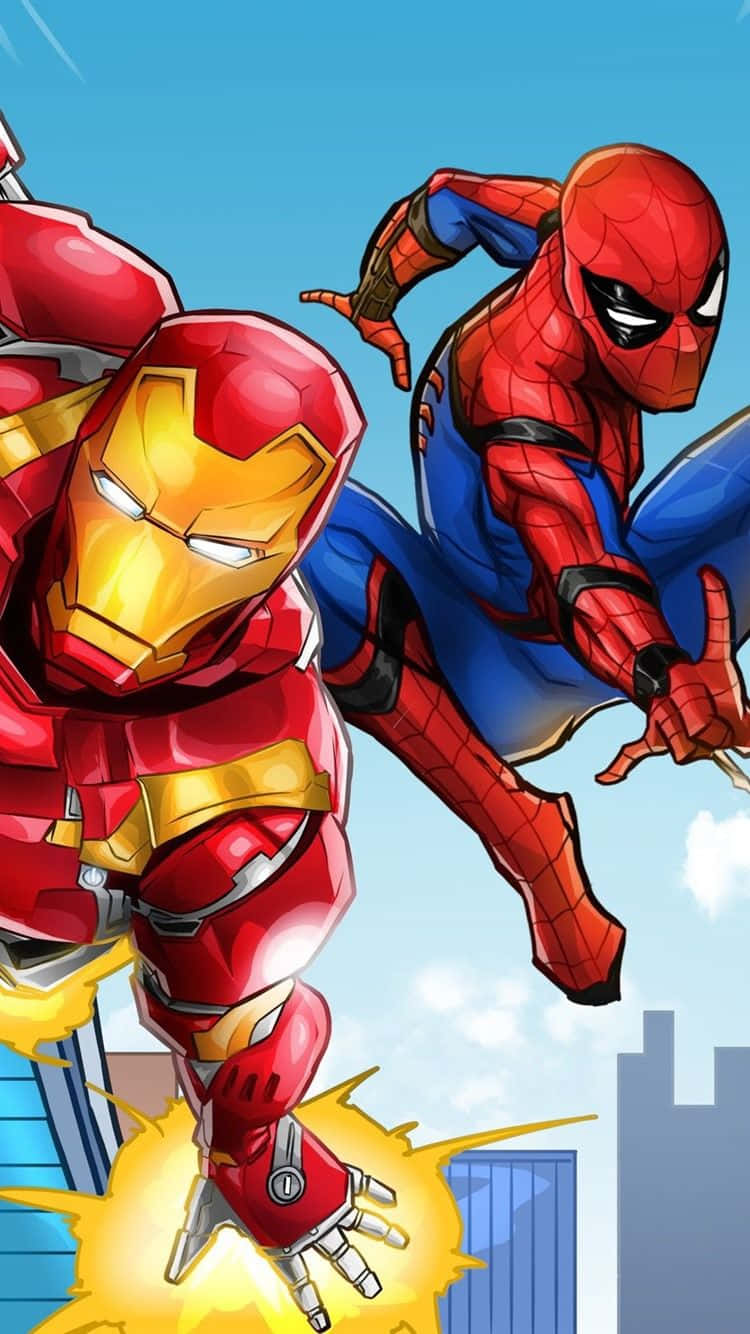 Iron Man And Spider-man 桌布 壁紙 — 鐵甲奇俠與蜘蛛俠在藍天白雲下，於城市景觀上方動態跳躍，伴隨能量爆炸。