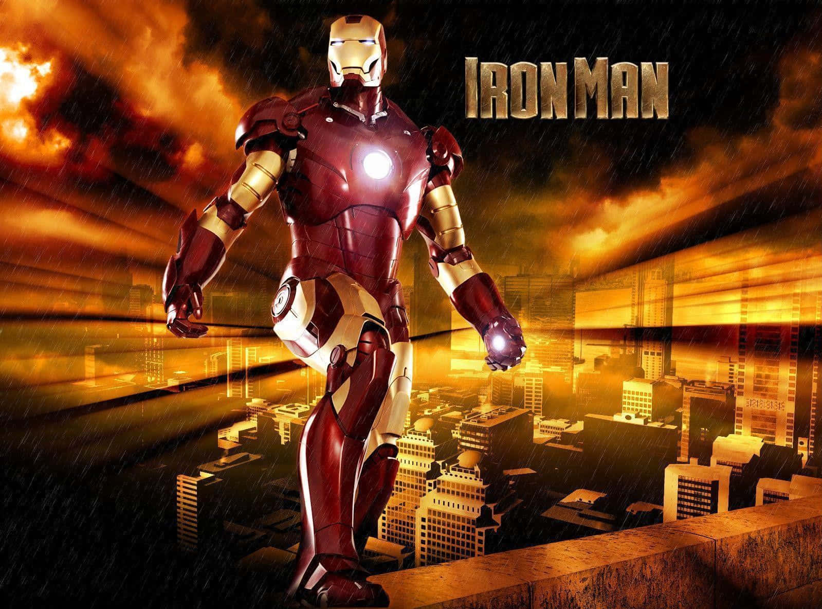 Iron Man Movies 桌布 壁紙 — 鐵甲奇俠英雄地站在城市天際線上，天空火紅橙黃，雨水在他周圍落下。