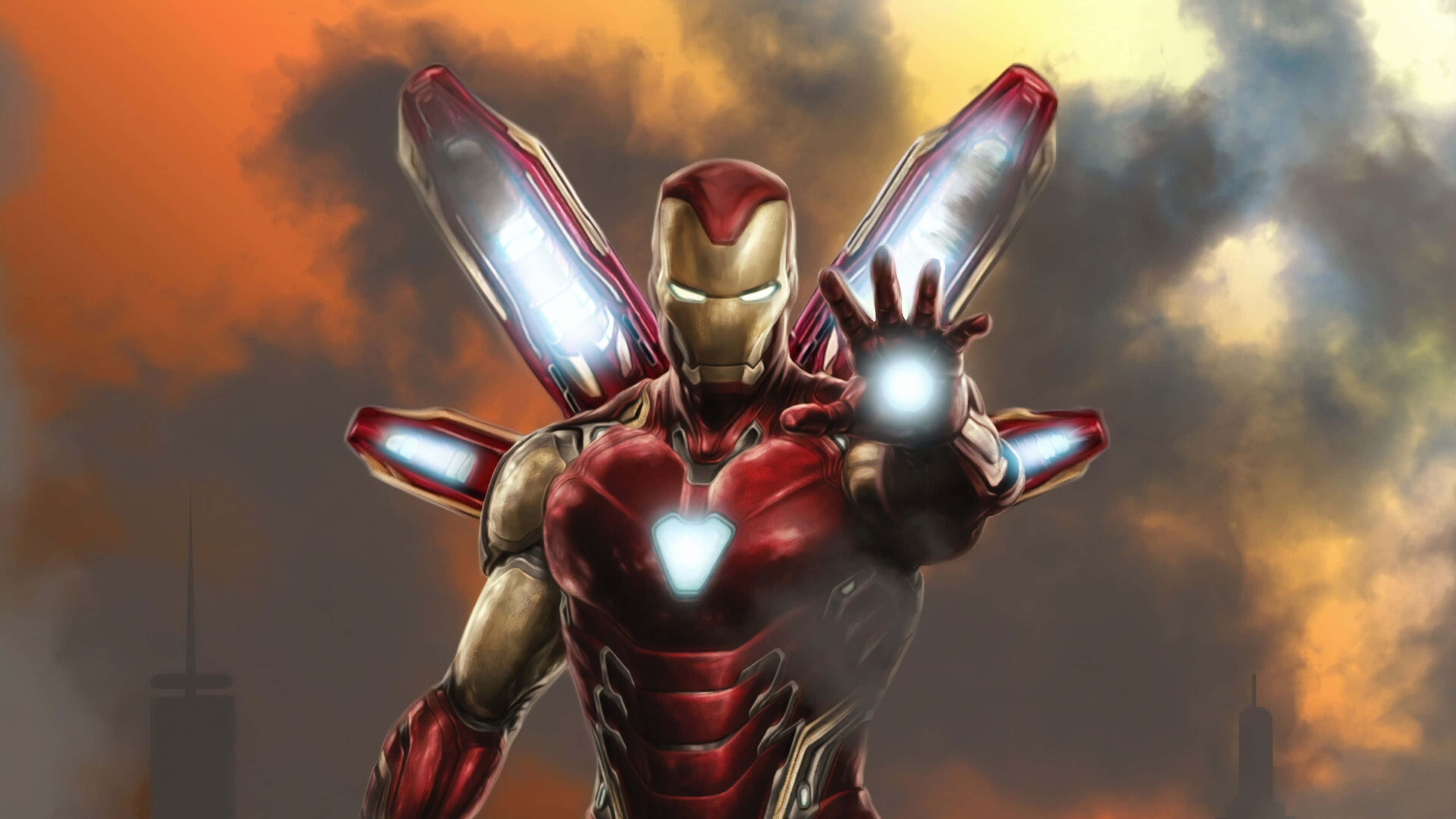 Iron Man Suit 桌布 壁紙 — 鐵甲奇俠英雄地站立，斥力光束發光，背景是城市上空火橙色和灰色的暴風雨天空。