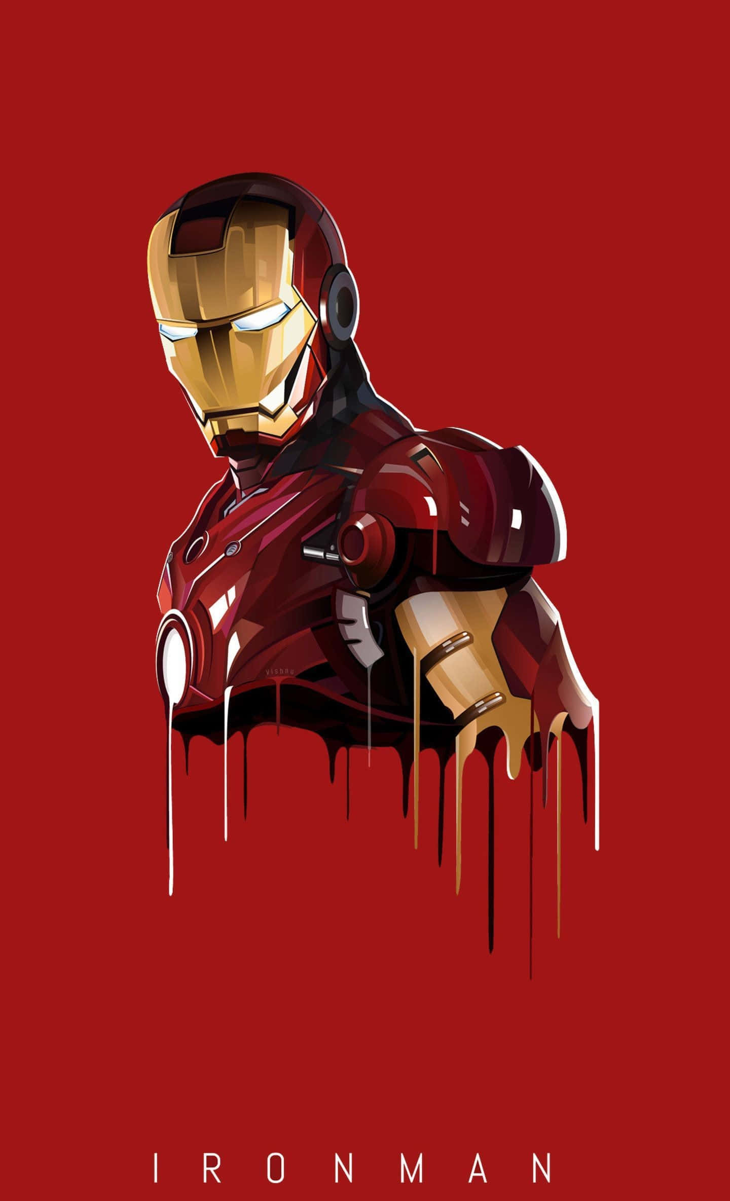 Iron Man Art 桌布 壁紙 — 鐵甲奇俠裝甲像熔化的金屬滴落，在鮮紅色背景上的風格化數碼插圖。