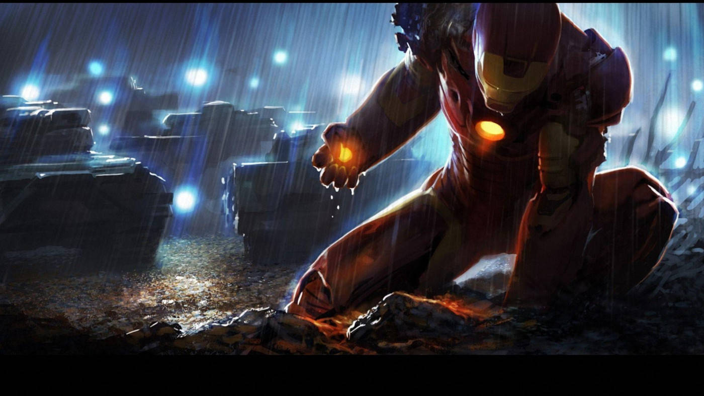 鋼鐵人 桌布 壁紙 — 鐵甲奇俠跪在雨光照耀的瓦礫中，手持發光球體，藍光穿透暴風雨之夜。