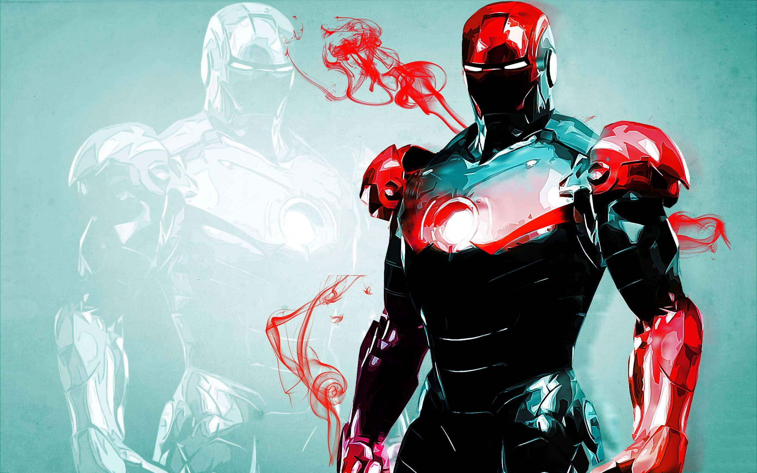 Iron Man Art 桌布 壁紙 — 鐵甲奇俠身穿大膽的紅色和黑色盔甲，帶有發光的弧形反應器，紅色能量在他周圍旋轉，背景為藍綠色，帶有幽靈般的輪廓。