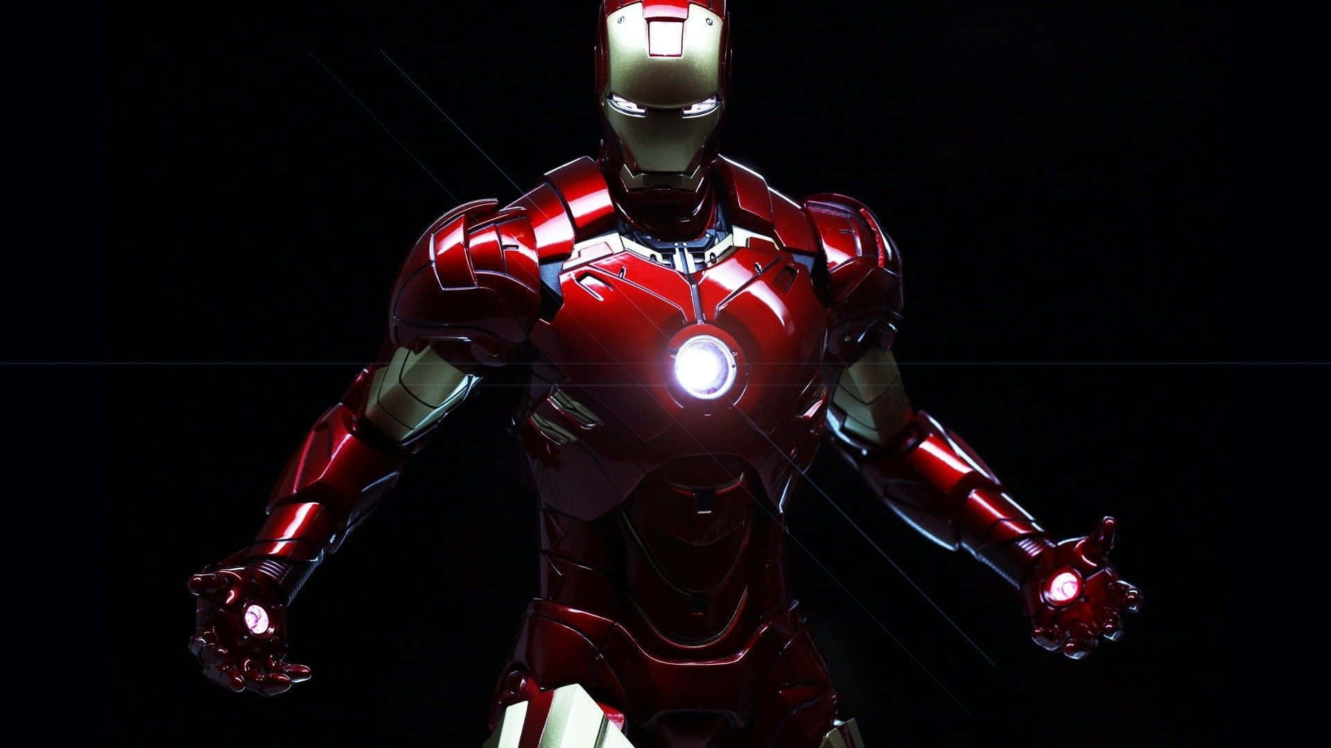 Iron Man Action Figures 桌布 壁紙 — 鐵甲奇俠身穿標誌性的紅色和金色盔甲，在黑色背景前蓄勢待發，雙手發射器閃耀光芒。