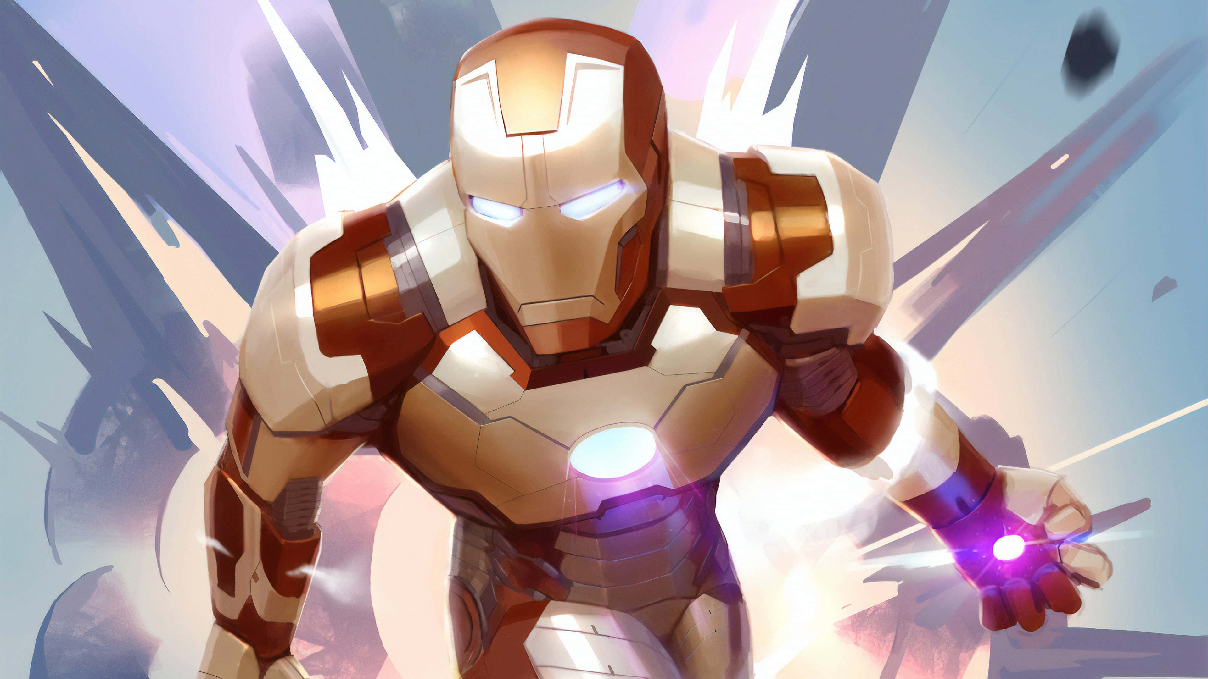 Iron Man Art 桌布 壁紙 — 鐵甲奇俠身穿標誌性的紅色和金色裝甲，雙手發出閃爍的斥力光束和能量射線，動感十足地站立。