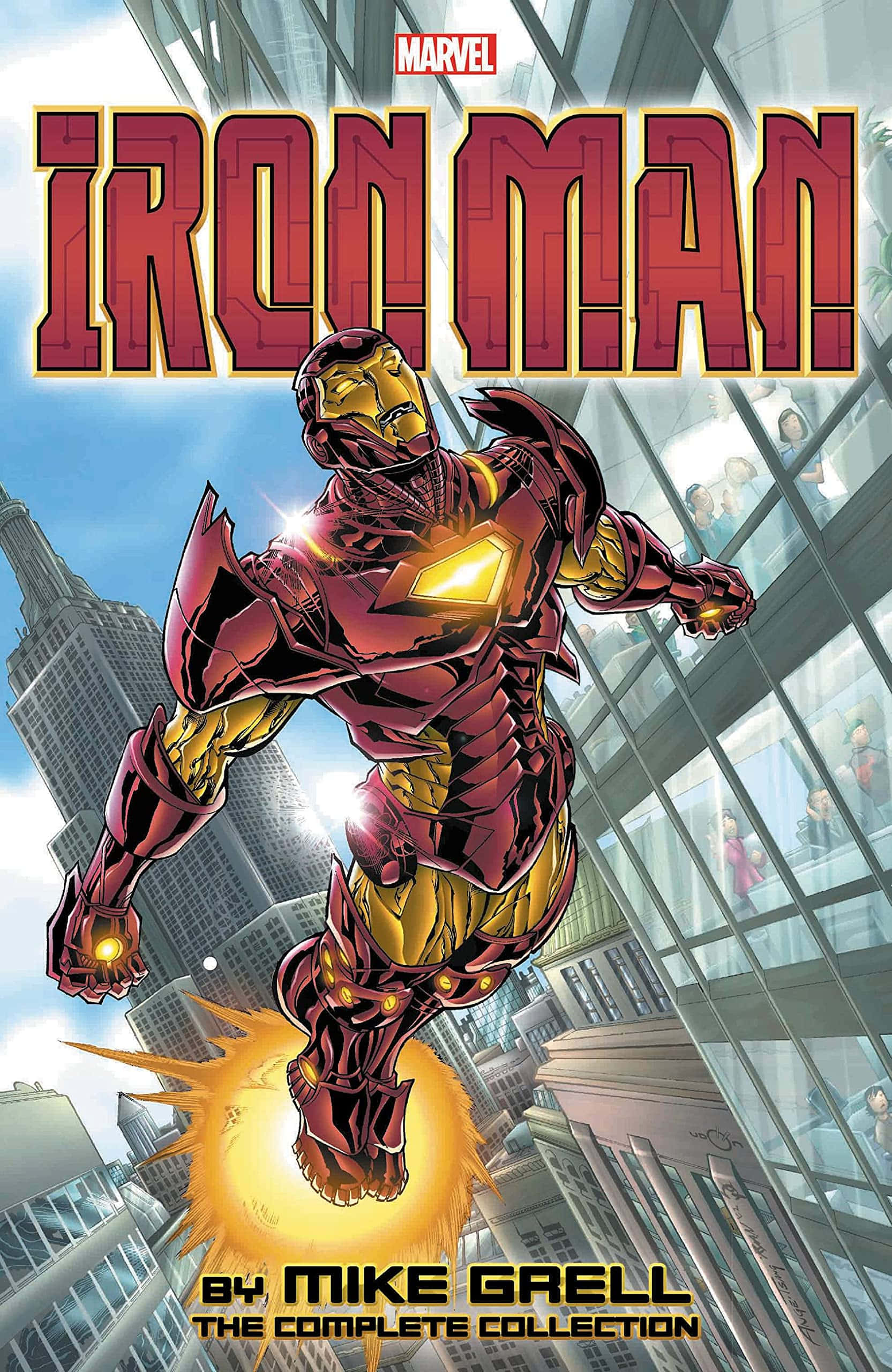 Iron Man Comics 桌布 壁紙 — 鐵甲奇俠身穿標誌性的紅色和金色裝甲，在腳下斥力光束閃耀的同時，翱翔於城市景觀之中。