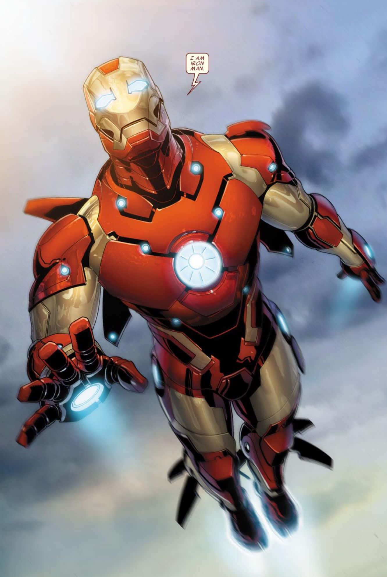 Iron Man Comics 桌布 壁紙 — 鐵甲奇俠身穿標誌性的紅色和金色裝甲，在陰雲密佈的天空中翱翔，其斥力炮和弧形反應堆閃閃發光。