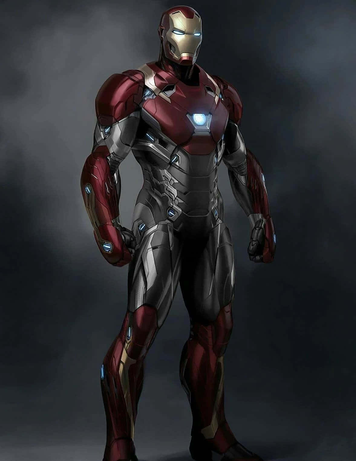 Vibranium Suit 桌布 壁紙 — 鐵甲奇俠身穿標誌性紅色和金色裝甲，在煙霧瀰漫的黑暗背景前自信地站立的全身照。