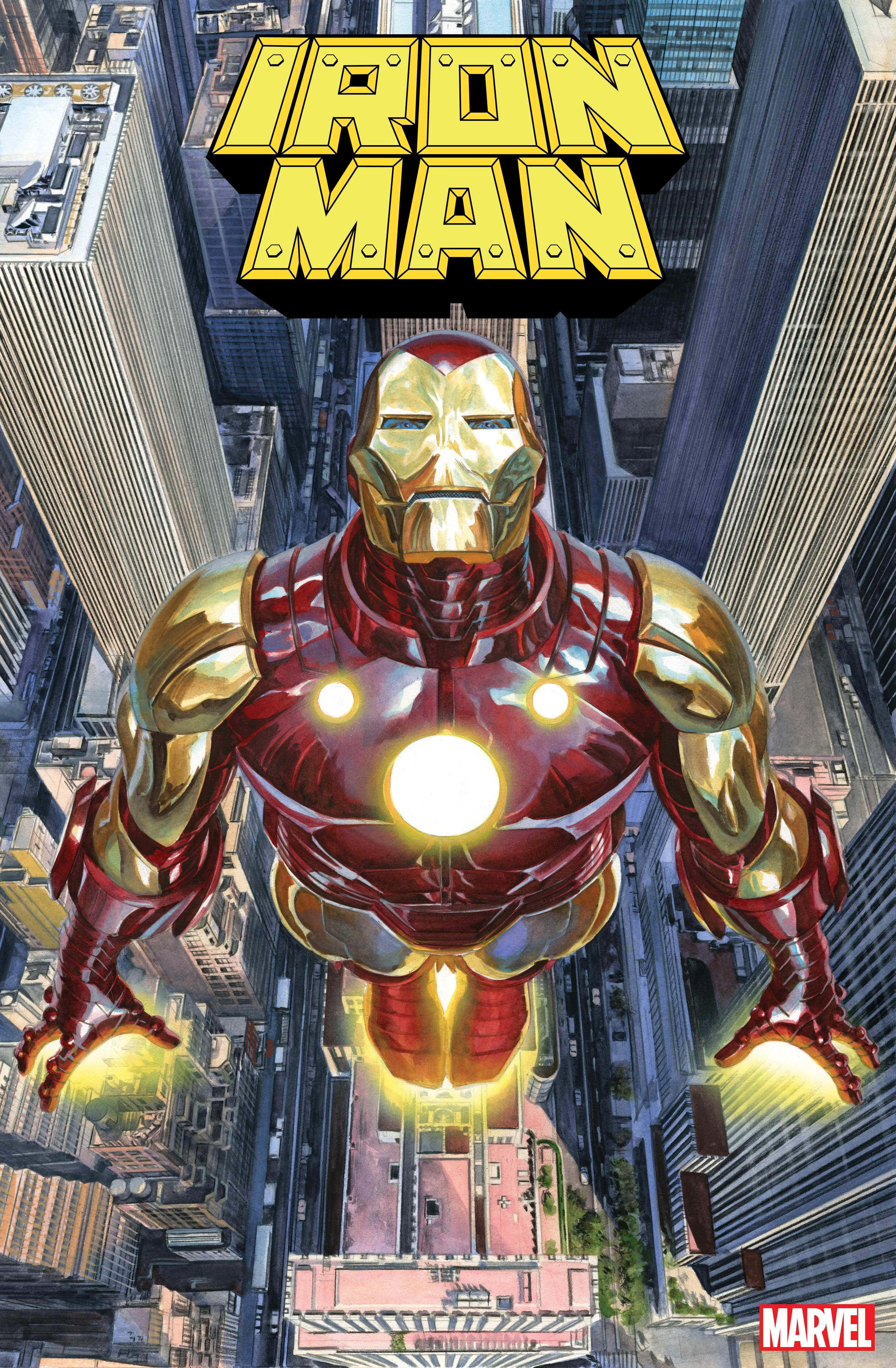 Iron Man Comics 桌布 壁紙 — 鐵甲奇俠身穿標誌性紅金戰甲，在城市天際上翱翔，掌心衝擊光束閃耀。