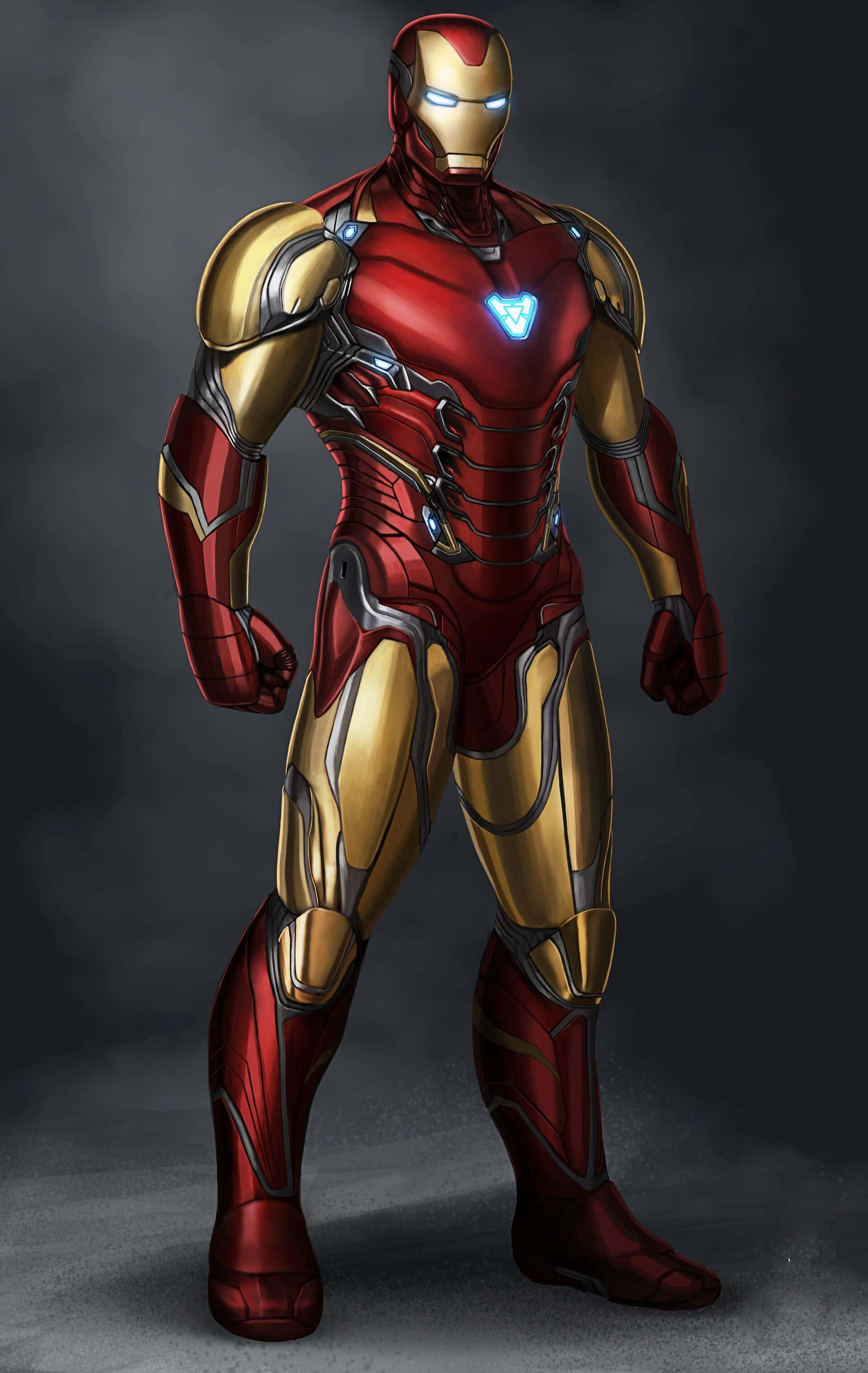 Iron Man Suit 桌布 壁紙 — 鐵甲奇俠身穿標誌性紅金戰甲，在深灰色背景前自信地站立的全身體態。