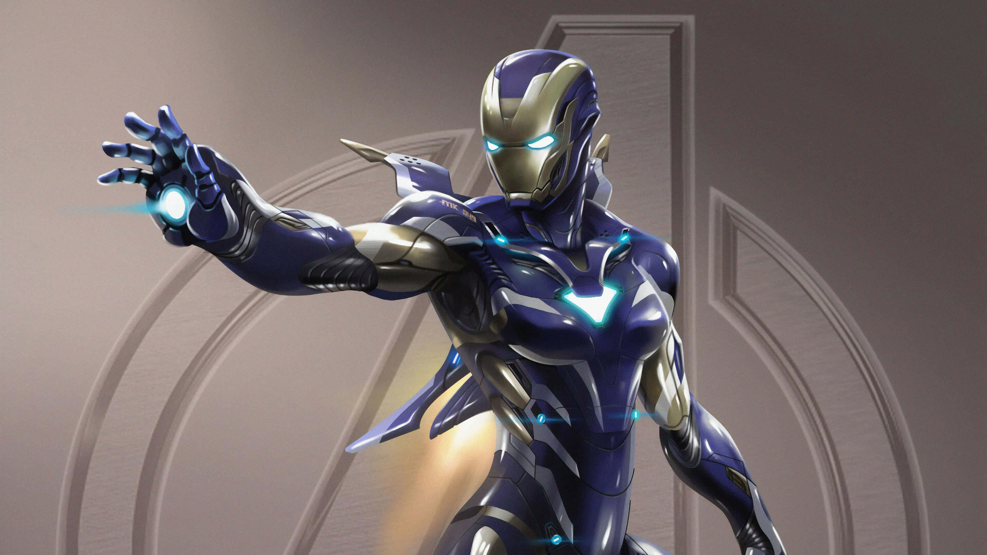 Pepper Potts 桌布 壁紙 — 鐵甲奇俠身穿流線型藍金裝甲，伸出手掌，掌心發出耀眼的衝擊波，背景為簡約灰色。