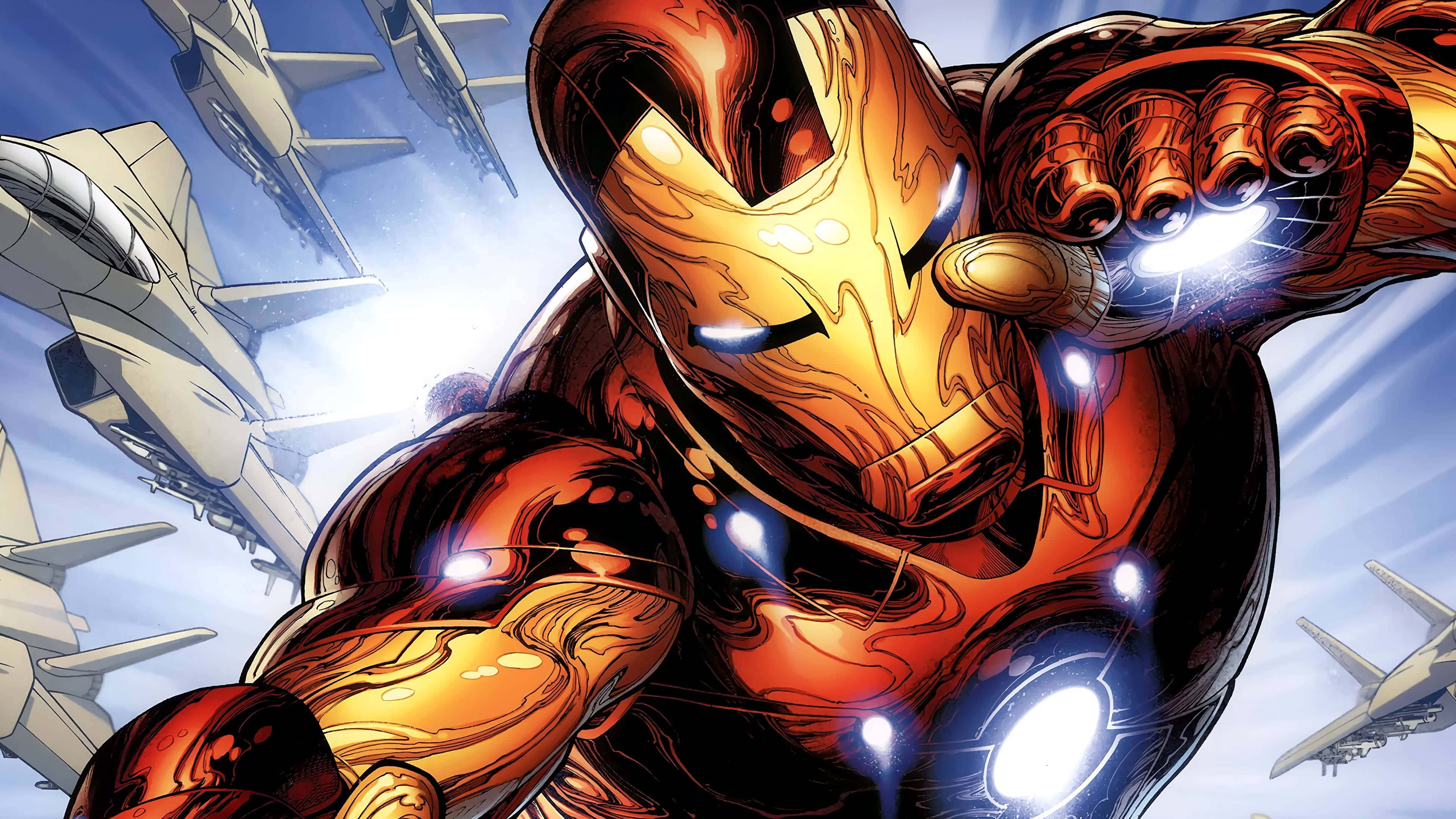 Iron Man Comics 桌布 壁紙 — 鐵甲奇俠身穿發光紅金戰甲，在戰鬥機之間向明亮的天空發射斥力炮。