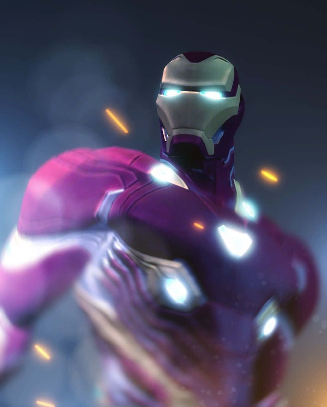 Vibranium Suit 桌布 壁紙 — 鐵甲奇俠身穿發光紫色和銀色戰衣，擁有明亮的藍色眼睛和動態模糊效果的近距離特寫。