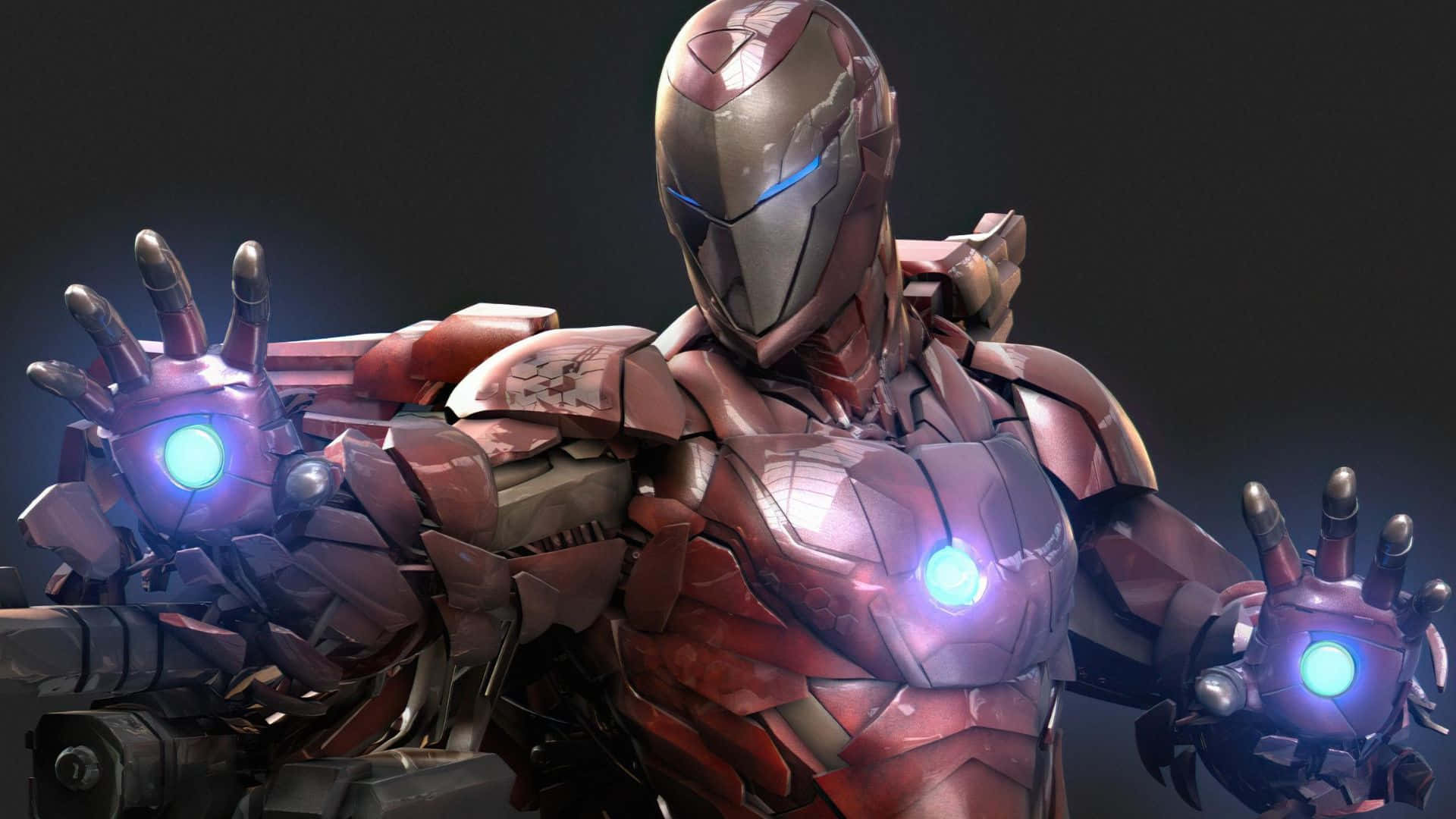 Iron Man Weapons 桌布 壁紙 — 鐵甲奇俠身穿精細的紅色和金色裝甲，雙手發出藍色光芒的斥力光束，站在黑暗背景前。