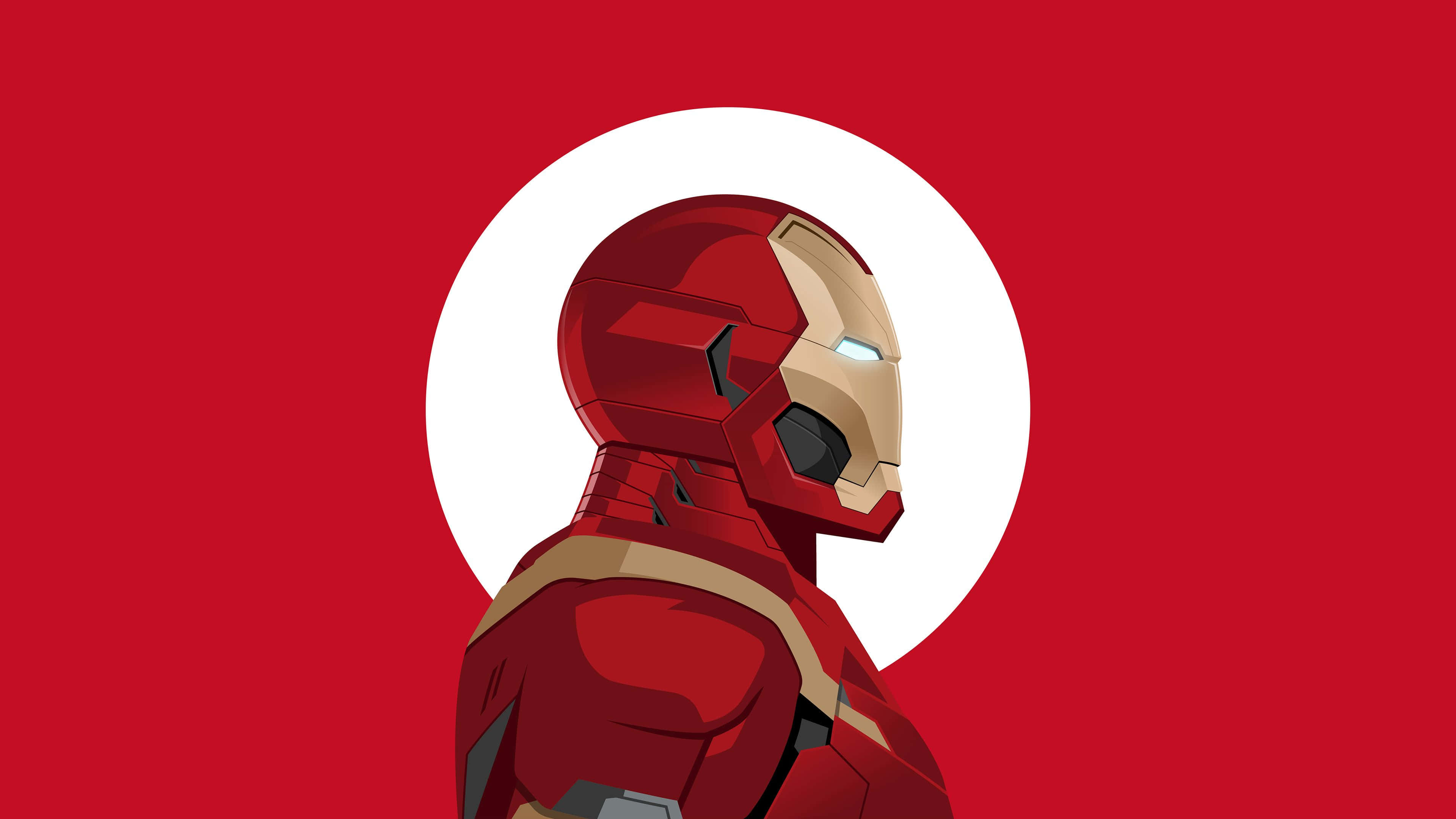 Iron Man Art 桌布 壁紙 — 鐵甲奇俠身穿紅色和金色裝甲，側面站立在一個帶有白色圓形光環的鮮紅色背景前。