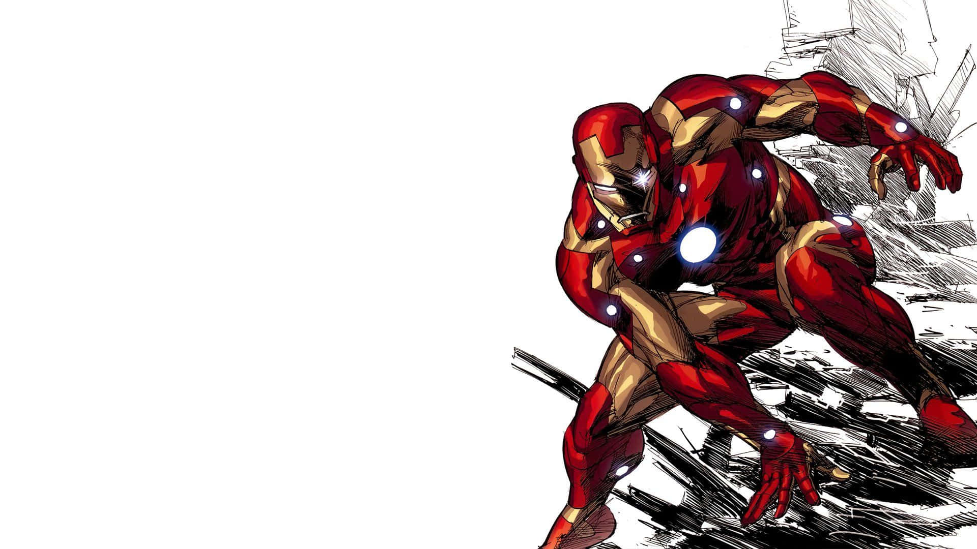 Iron Man Comics 桌布 壁紙 — 鐵甲奇俠身穿紅色和金色裝甲，在純白色背景上，於破碎的瓦礫中動態地蹲下。
