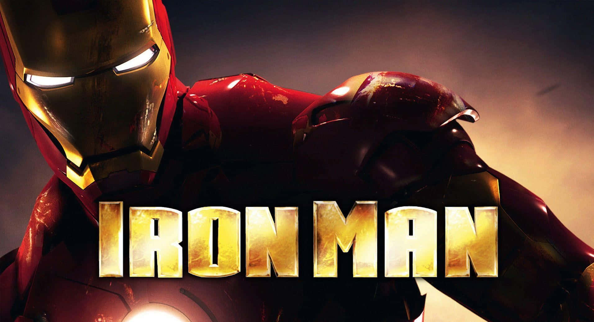 Iron Man Movies 桌布 壁紙 — 鐵甲奇俠身穿紅色和金色裝甲，眼睛發光，胸前有弧形反應堆，背景是煙霧瀰漫的黑暗。