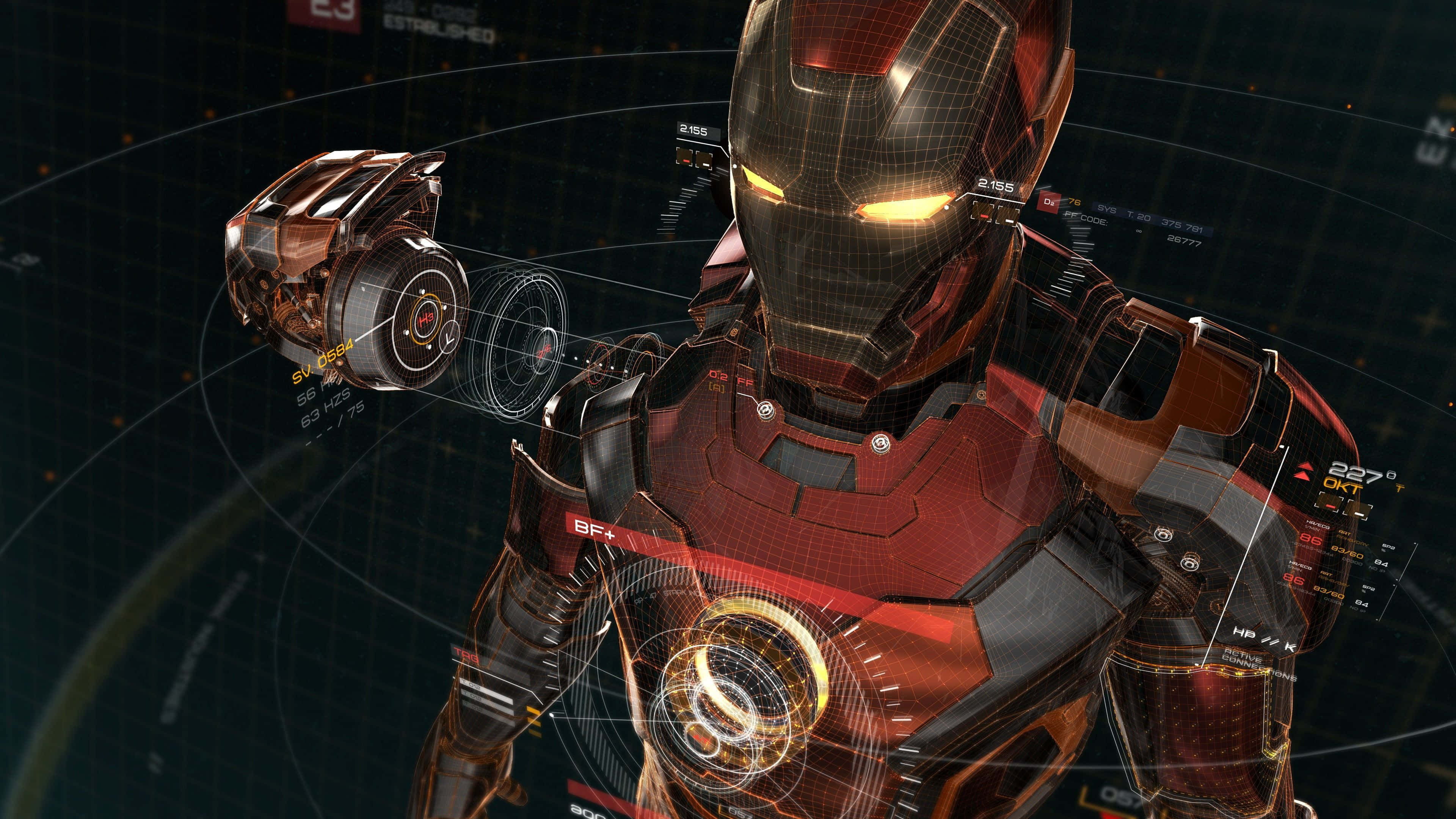 Iron Man Technology 桌布 壁紙 — 鐵甲奇俠身穿紅色和金色裝甲，眼睛發光，帶有全息界面，背景為深色網格。