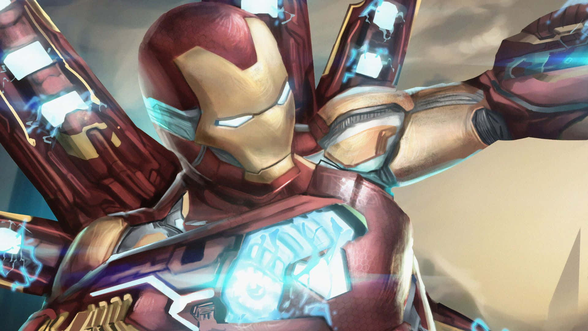 Iron Man Weapons 桌布 壁紙 — 鐵甲奇俠身穿紅色金色裝甲，藍色發光斥力炮伸出，擺出動感姿勢。