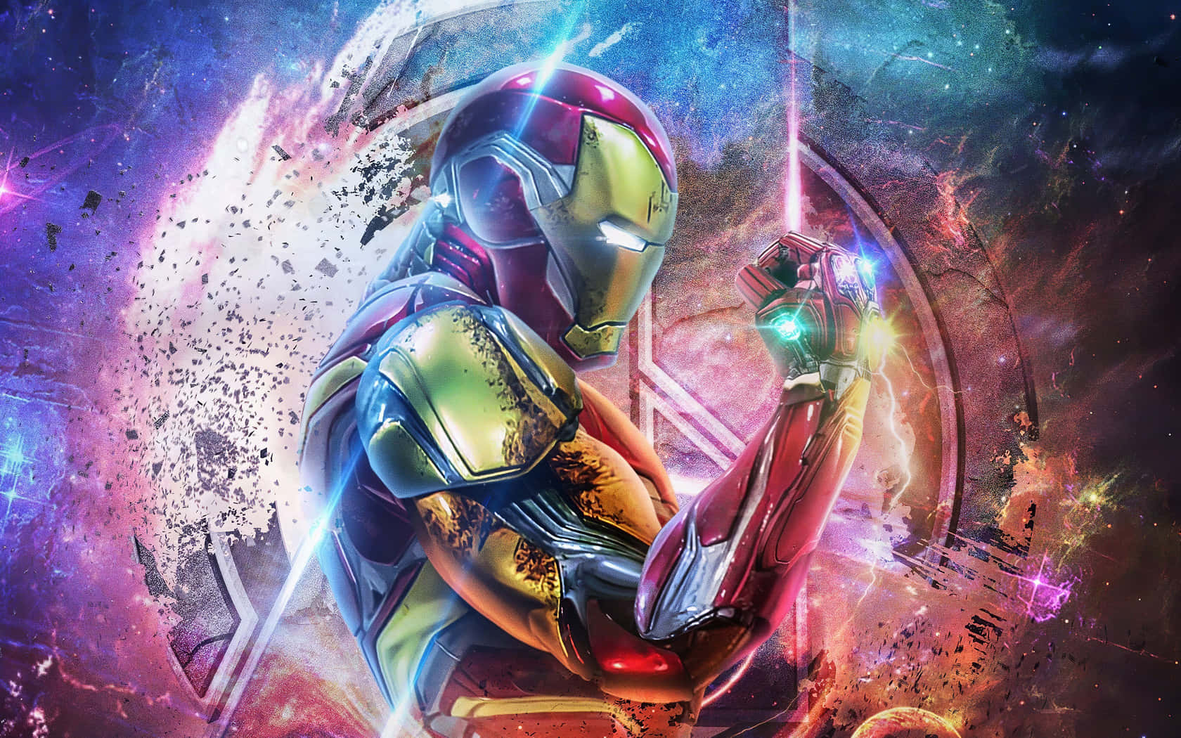 Endgame 桌布 壁紙 — 鐵甲奇俠身穿紅金戰甲，在宇宙星雲背景下英勇站立，伴隨發光能量效果。