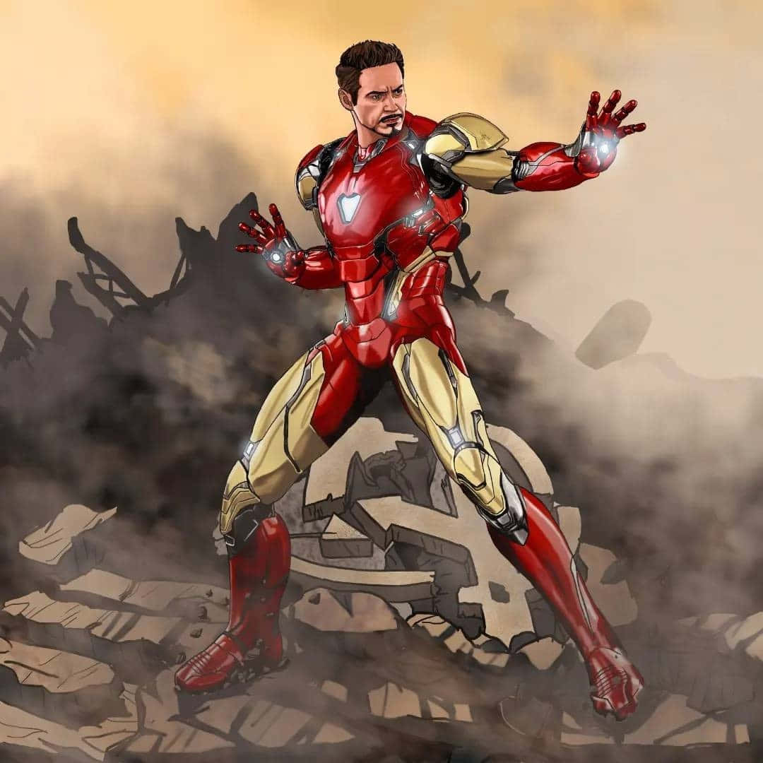 Iron Man Fan Art 桌布 壁紙 — 鐵甲奇俠身穿紅金戰甲，在瓦礫和煙霧中傲然挺立，斥力炮閃爍光芒。