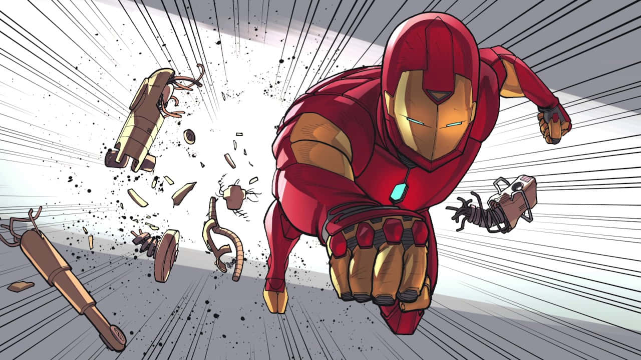 Iron Man Comics 桌布 壁紙 — 鐵甲奇俠身穿紅金戰甲向前衝刺，機械肢體在他身後爆炸，構成一個動感十足的漫畫畫面。