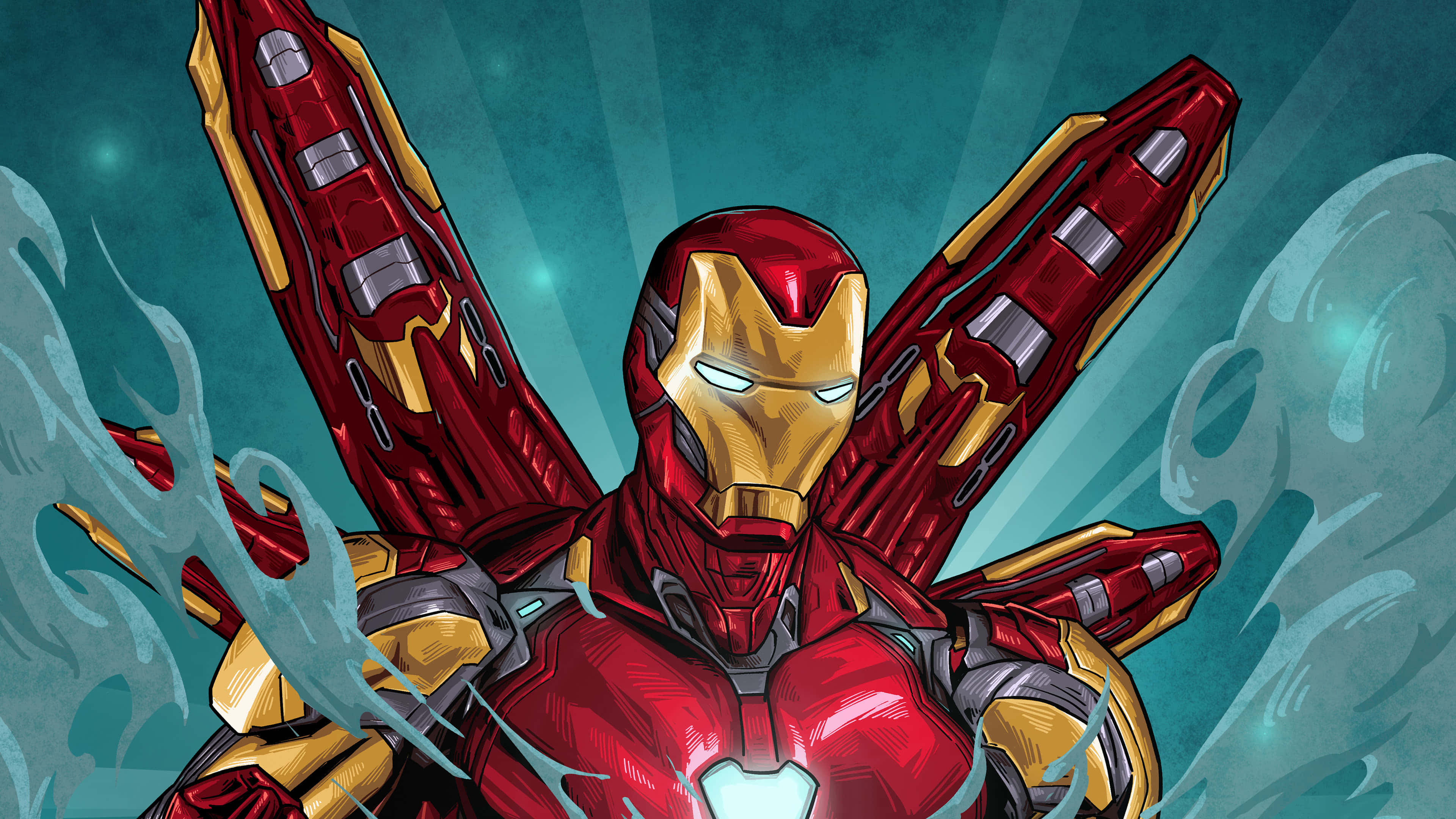 Iron Man Art 桌布 壁紙 — 鐵甲奇俠身穿紅金色裝甲，在帶有動態模糊效果的青綠色背景上發射斥力噴射器。