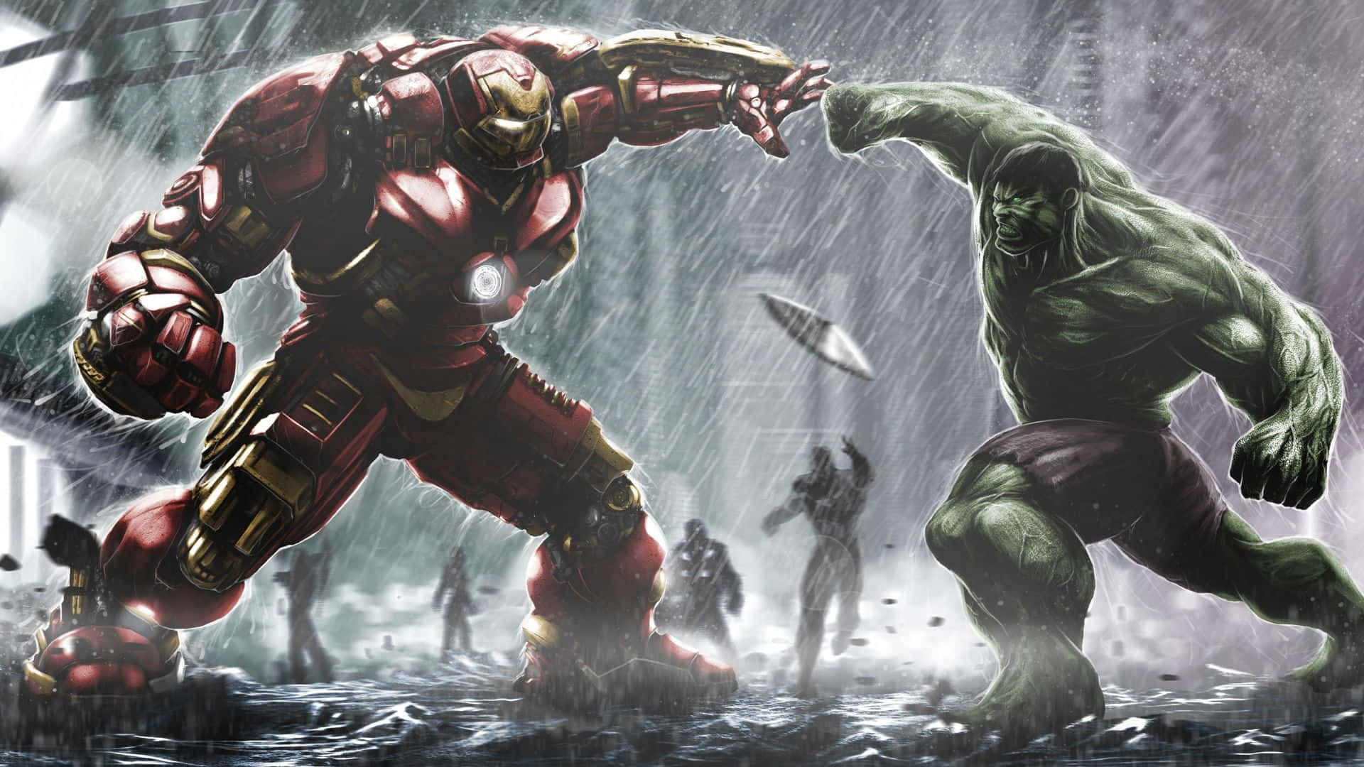 Iron Man Vs Hulk 桌布 壁紙 — 鐵甲奇俠身穿紅金裝甲，在雨水浸透的城市戰場上與綠色變形俠醫交戰。