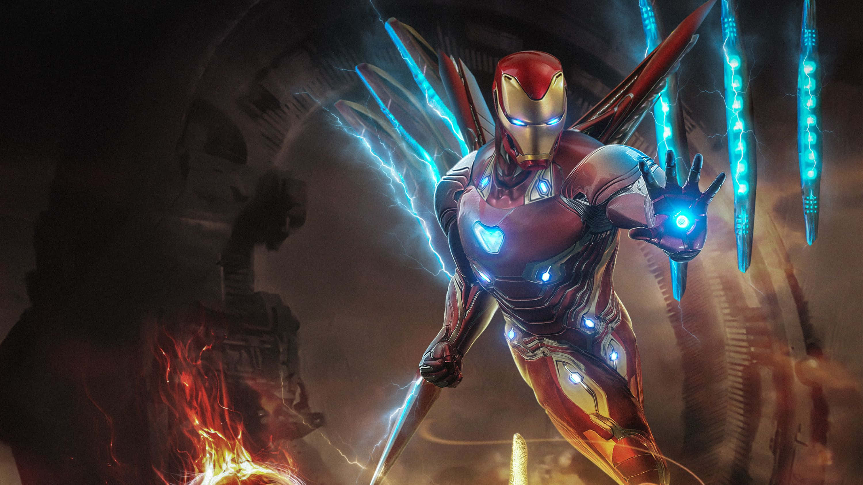Iron Man Suit 桌布 壁紙 — 鐵甲奇俠身穿紅金裝甲，在黑暗的工業環境中，英雄般地站立在電藍色能量和猛烈爆炸之中。